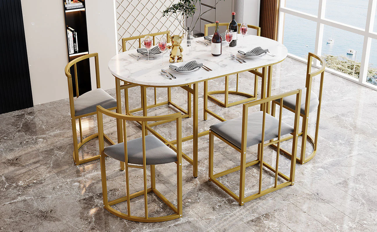 Six-Chair Dining Table Set, Modern Combination, White & Gold-Colored Iron - Image 3