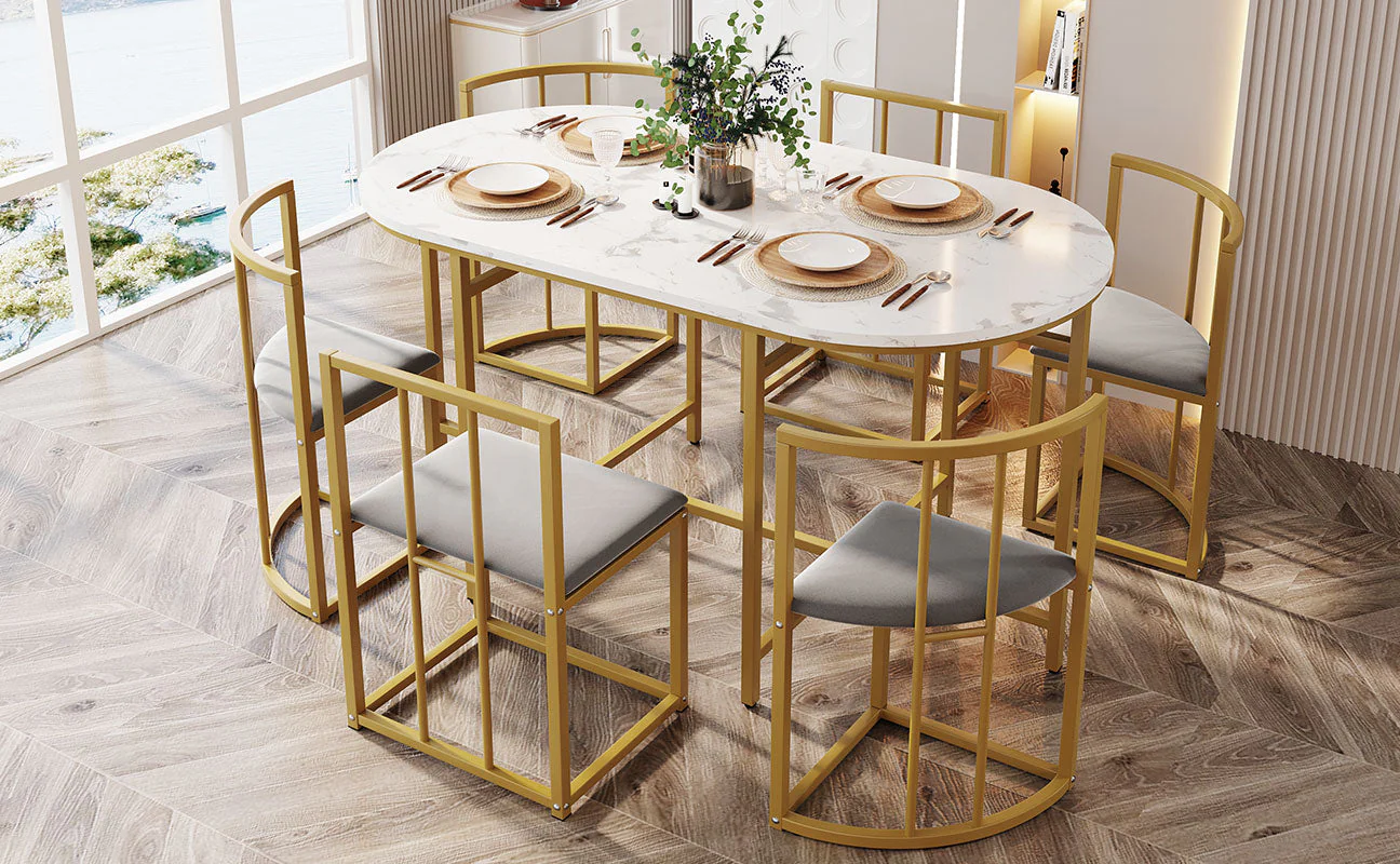 Six-Chair Dining Table Set, Modern Combination, White & Gold-Colored Iron - Image 4