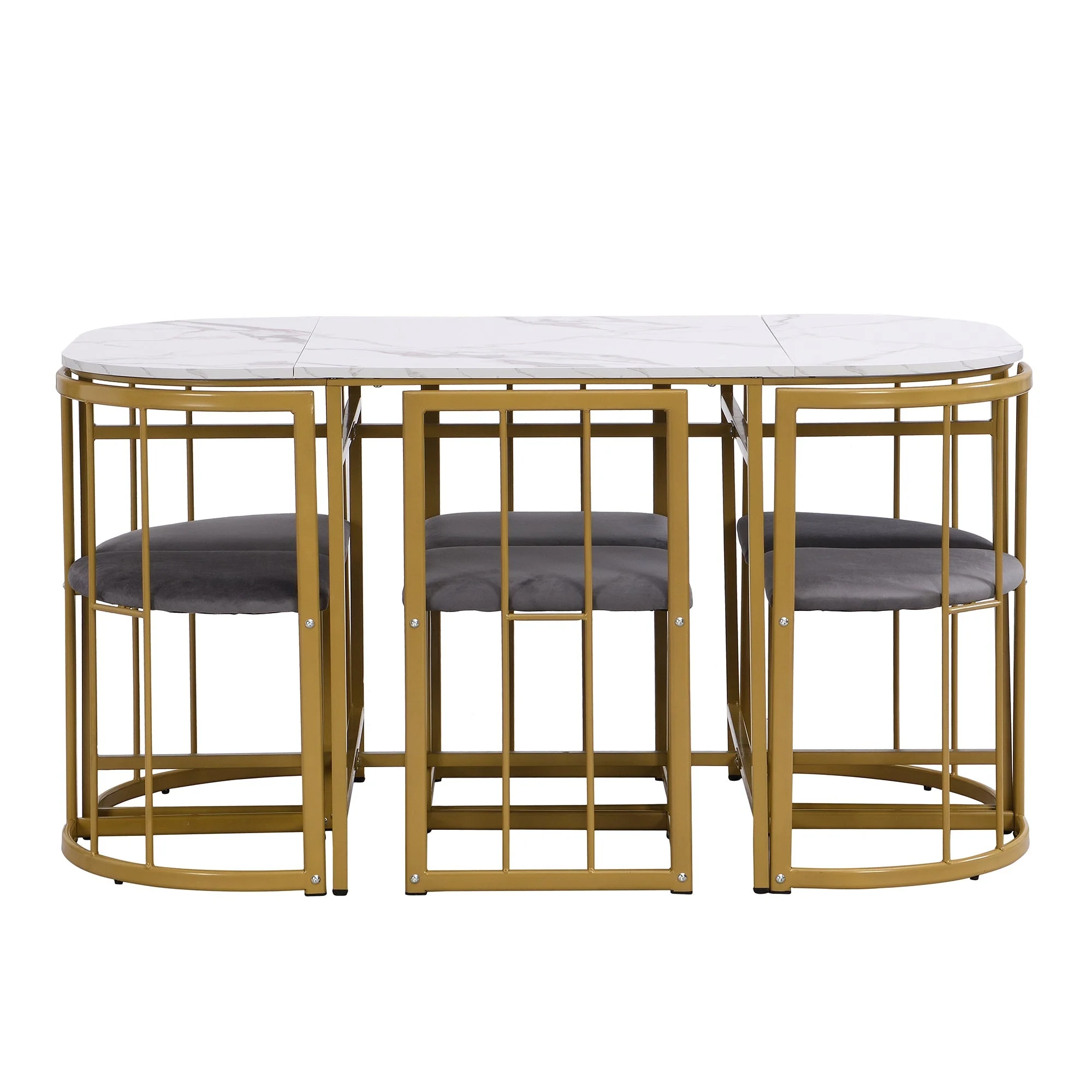 Six-Chair Dining Table Set, Modern Combination, White & Gold-Colored Iron - Image 5
