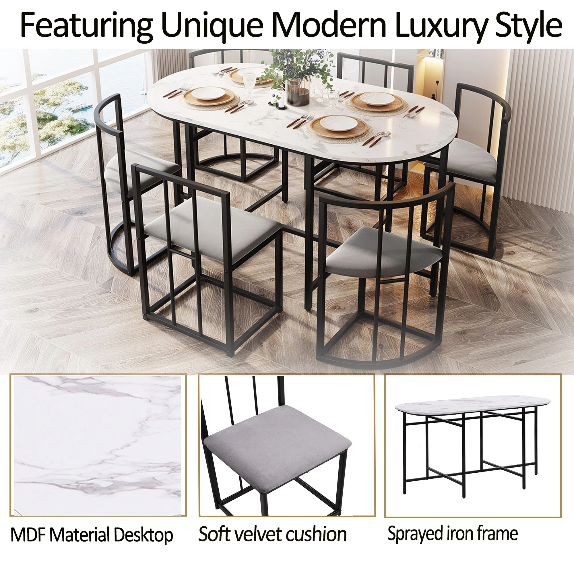 Six-Chair Dining Table Set - White Tabletop, Grey Cushions - Black Iron Frame - Image 10