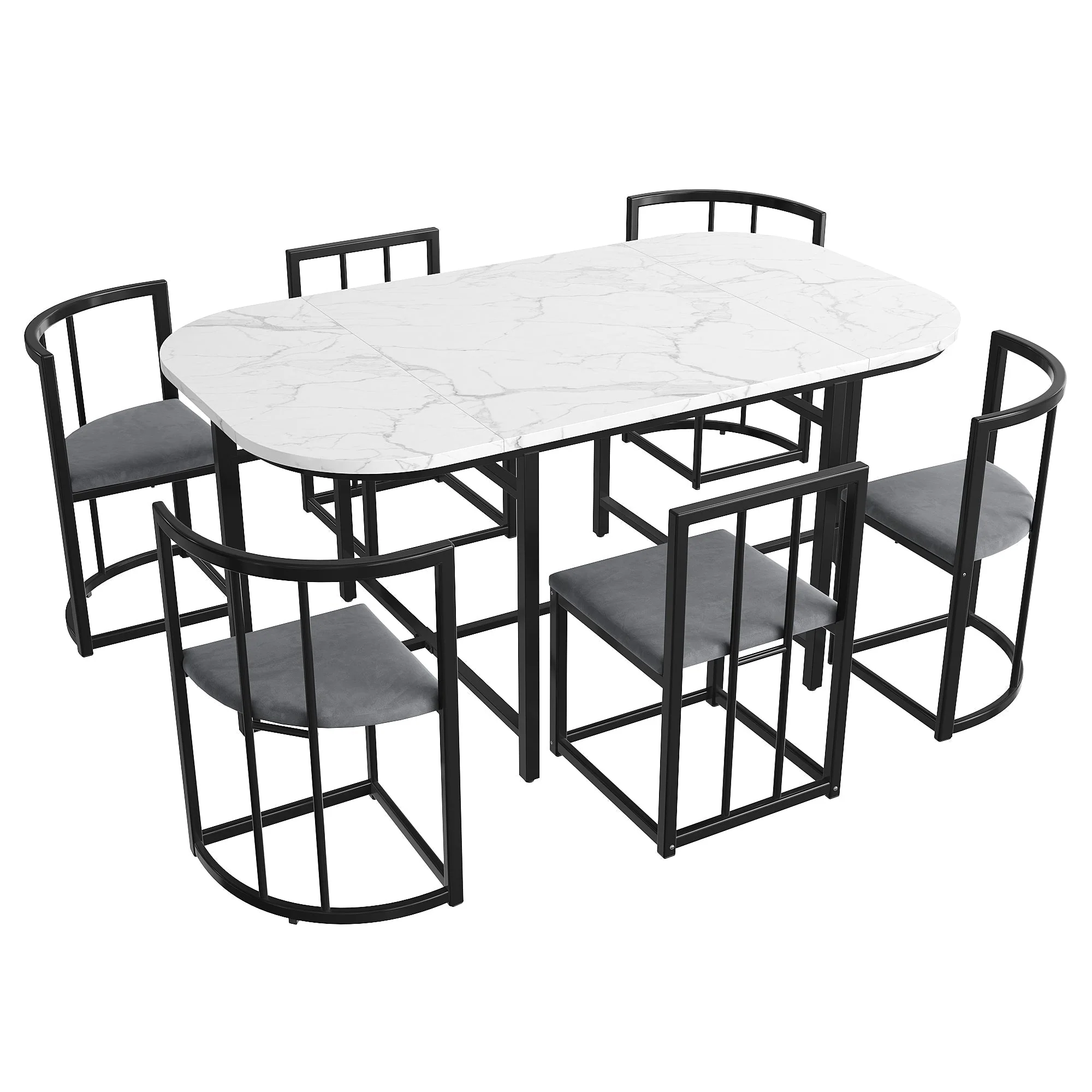 Six-Chair Dining Table Set - White Tabletop, Grey Cushions - Black Iron Frame - Image 6