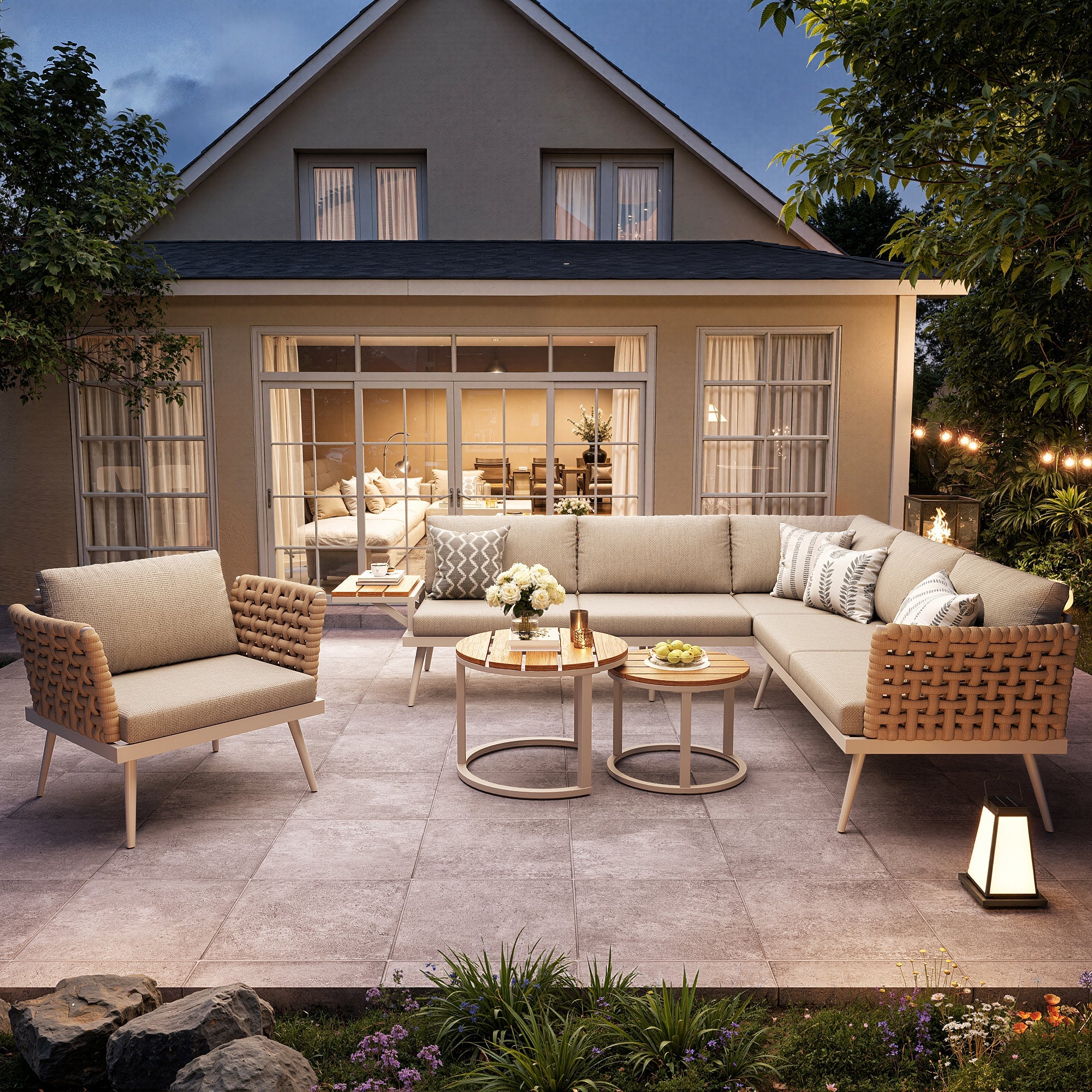 Six-Seater L-Shaped Garden Sofa Set with Hand-Woven Armrests and Coffee Tables, Grey and Beige - Image 4