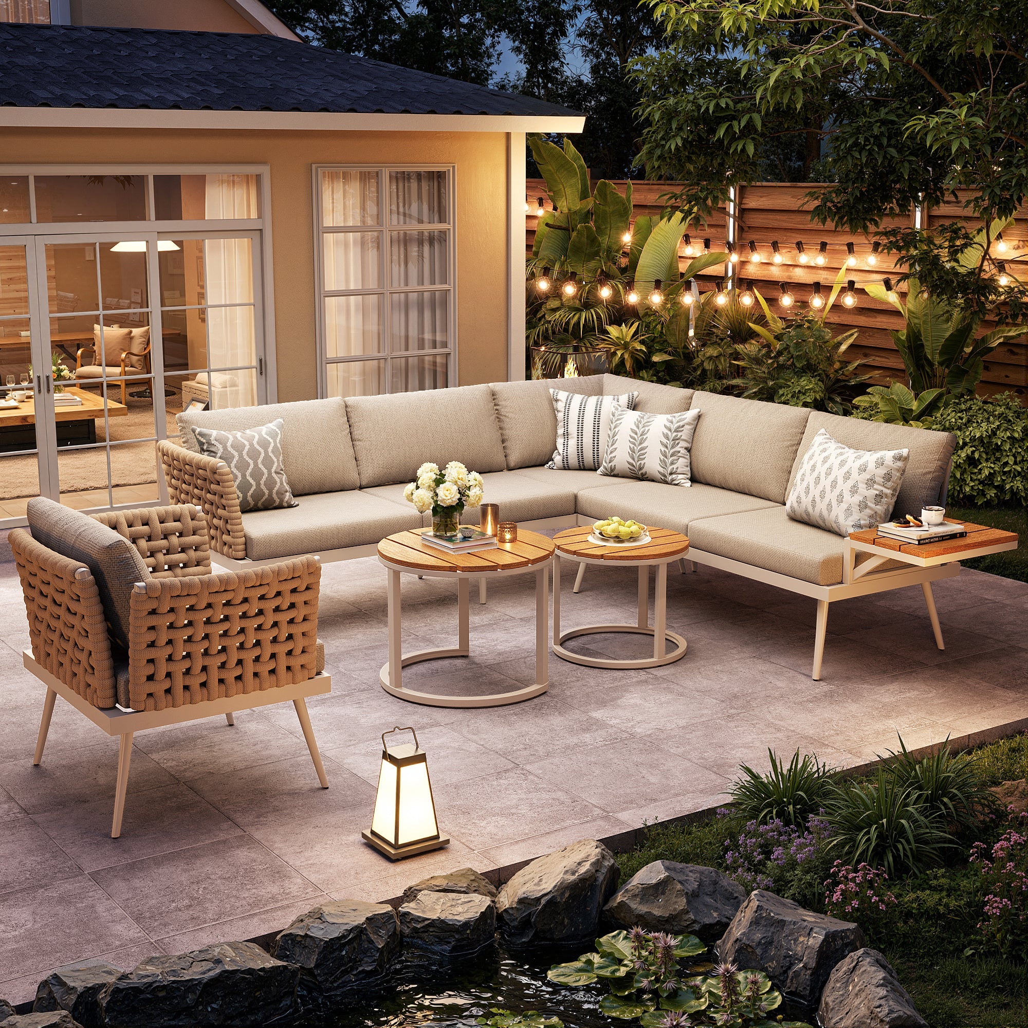 Six-Seater L-Shaped Garden Sofa Set with Hand-Woven Armrests and Coffee Tables, Grey and Beige - Image 6