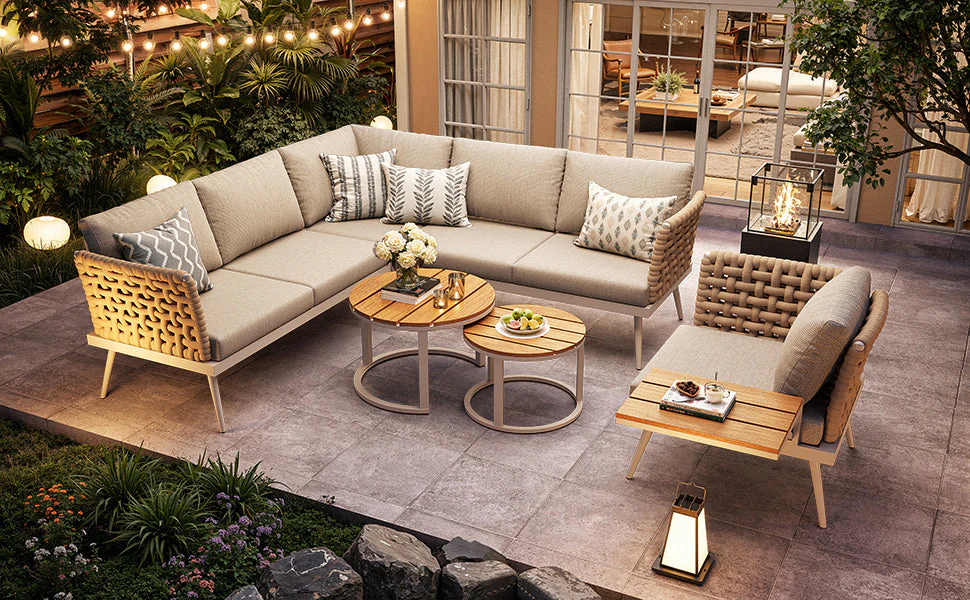 Six-Seater L-Shaped Garden Sofa Set with Hand-Woven Armrests and Coffee Tables, Grey and Beige - Image 8