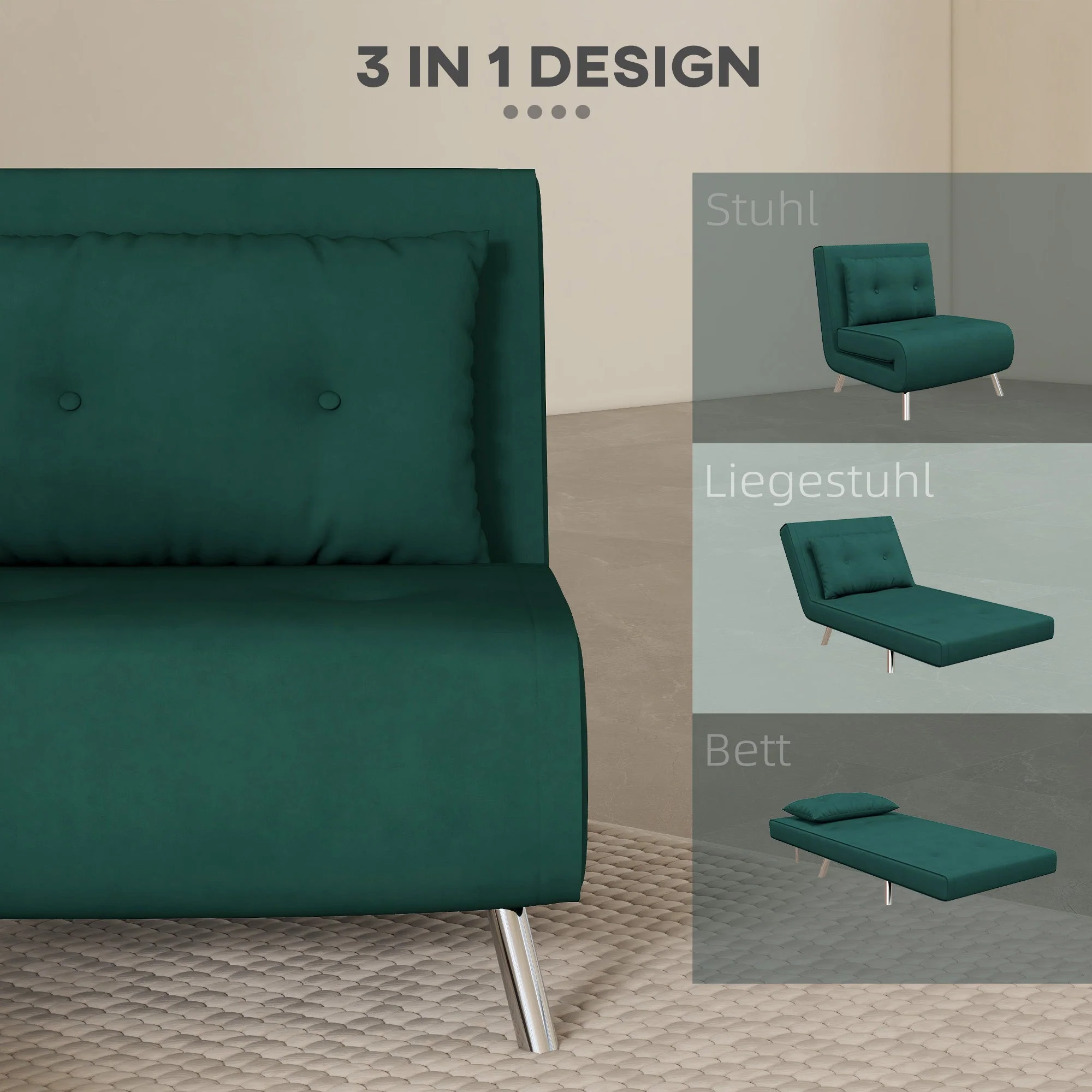 Sleeper Chair Folding Single Sofa Bed, Upholstered Velvet Look, Dark Green - Image 4