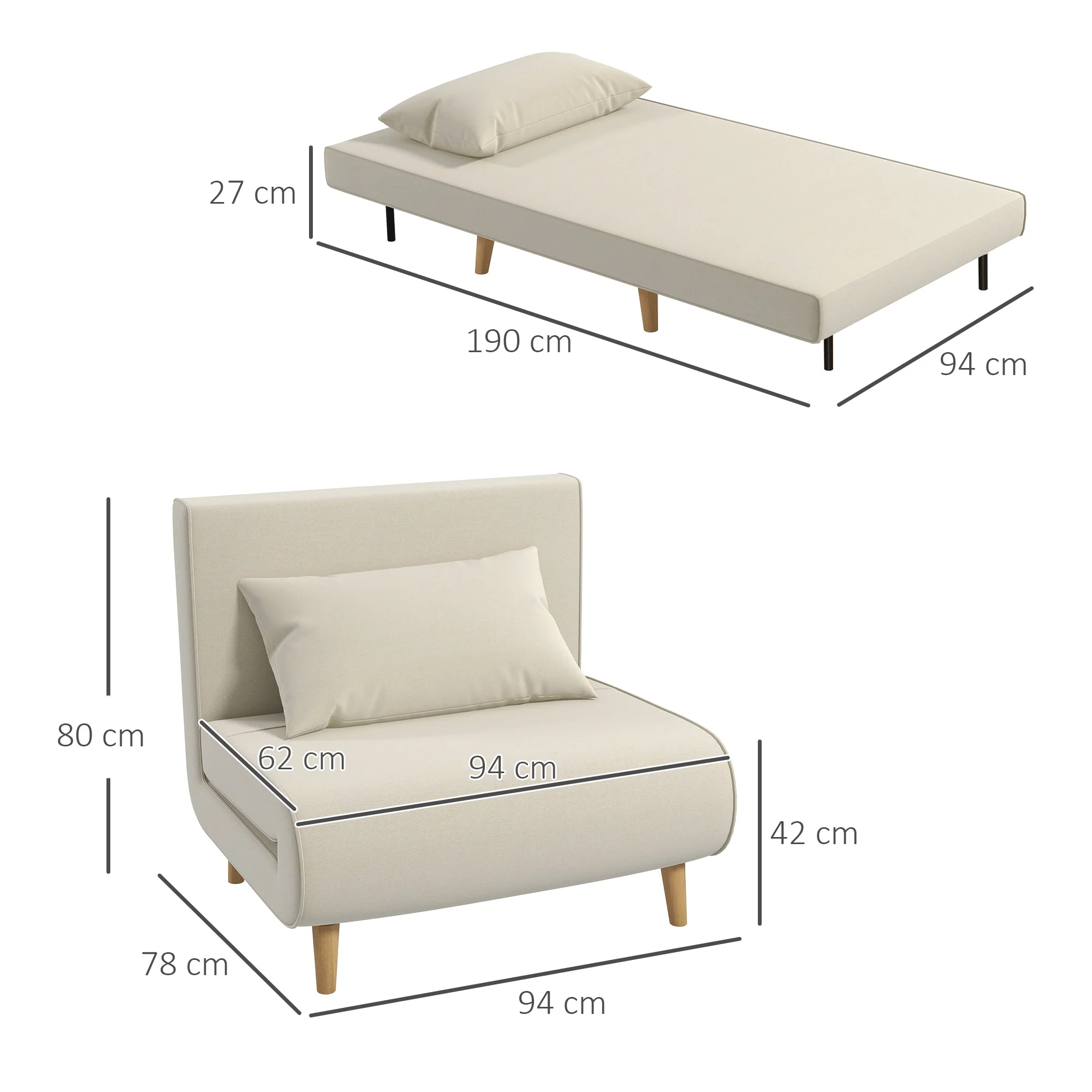 Sleeper Sofa Fold-out Single Adjustable Backrest, Nordic Style Linen Imitation - Image 3