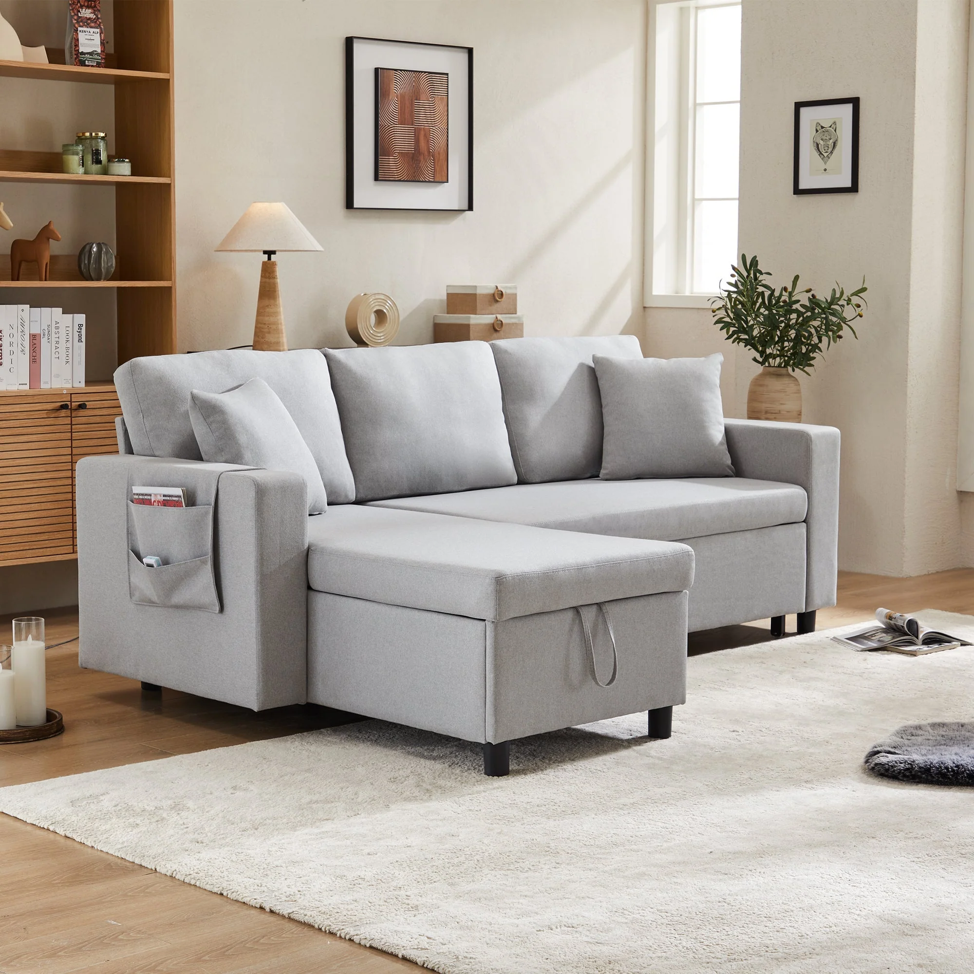 Sleeper Sofa L-Shaped Chaise Longue Reversible Storage with Pocket - Image 6