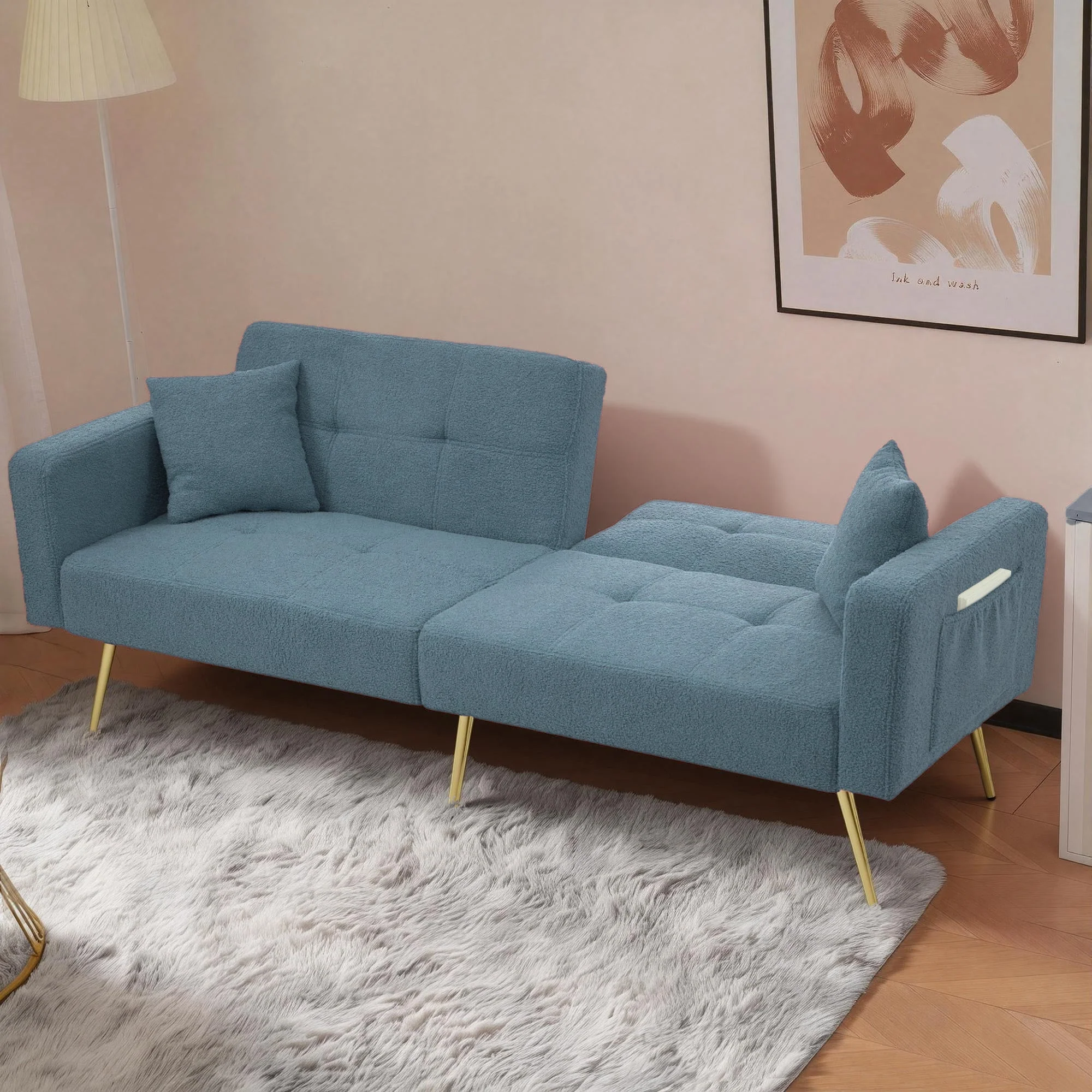 Sleeper Sofa with Adjustable Angle and Side Pockets, Smog Blue Sherpa - Image 6