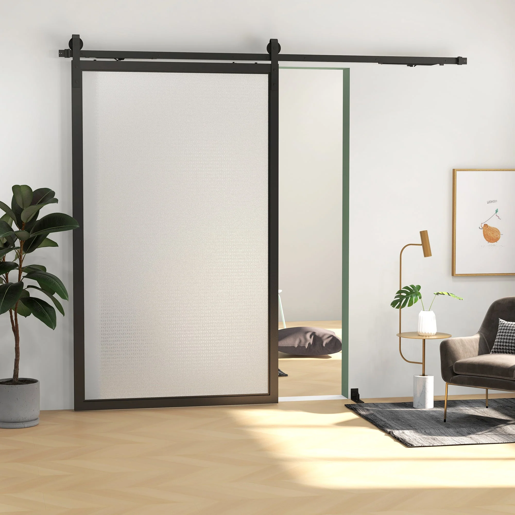 Sliding Door Hardware Set 244cm Rails Rollers Anti-Jump Devices Carbon Steel Black - Image 2