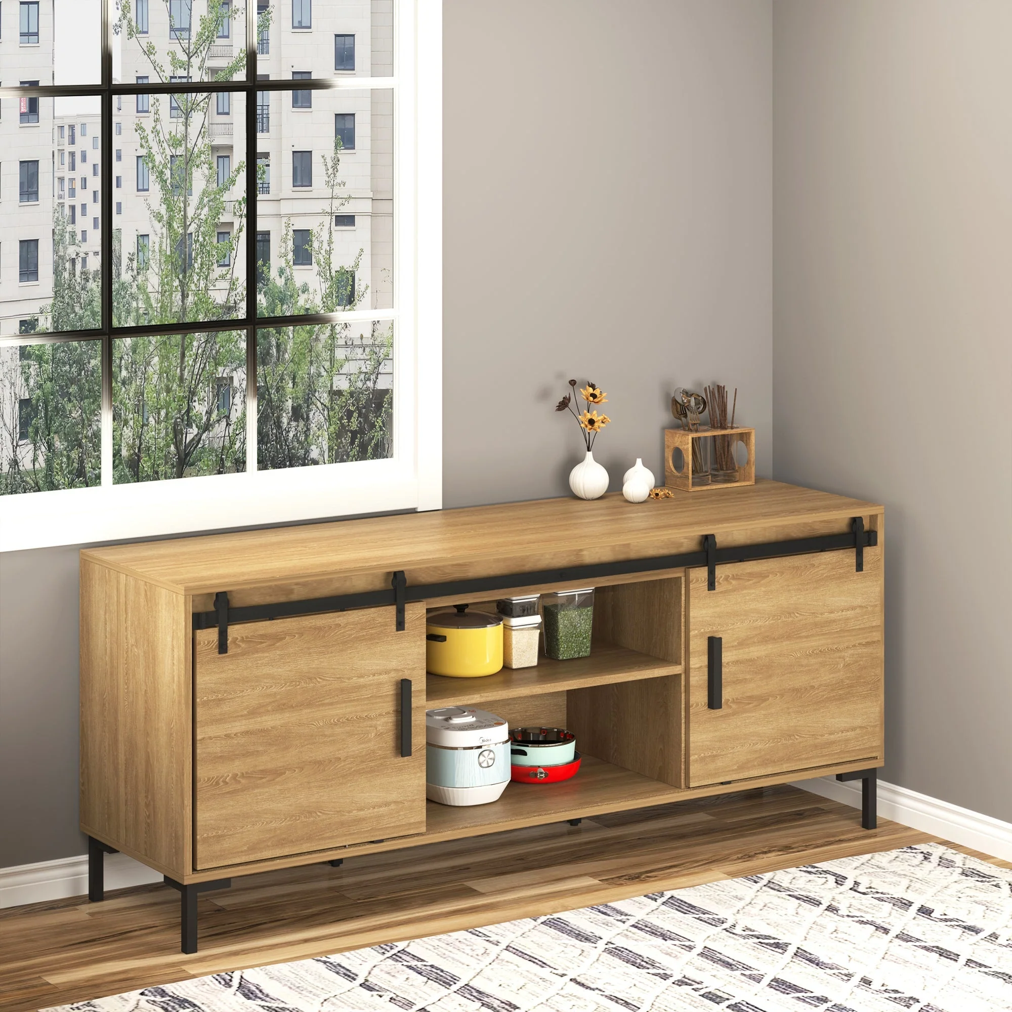 Sliding Door System, Double Wooden Doors, Carbon Steel, Black - Image 2