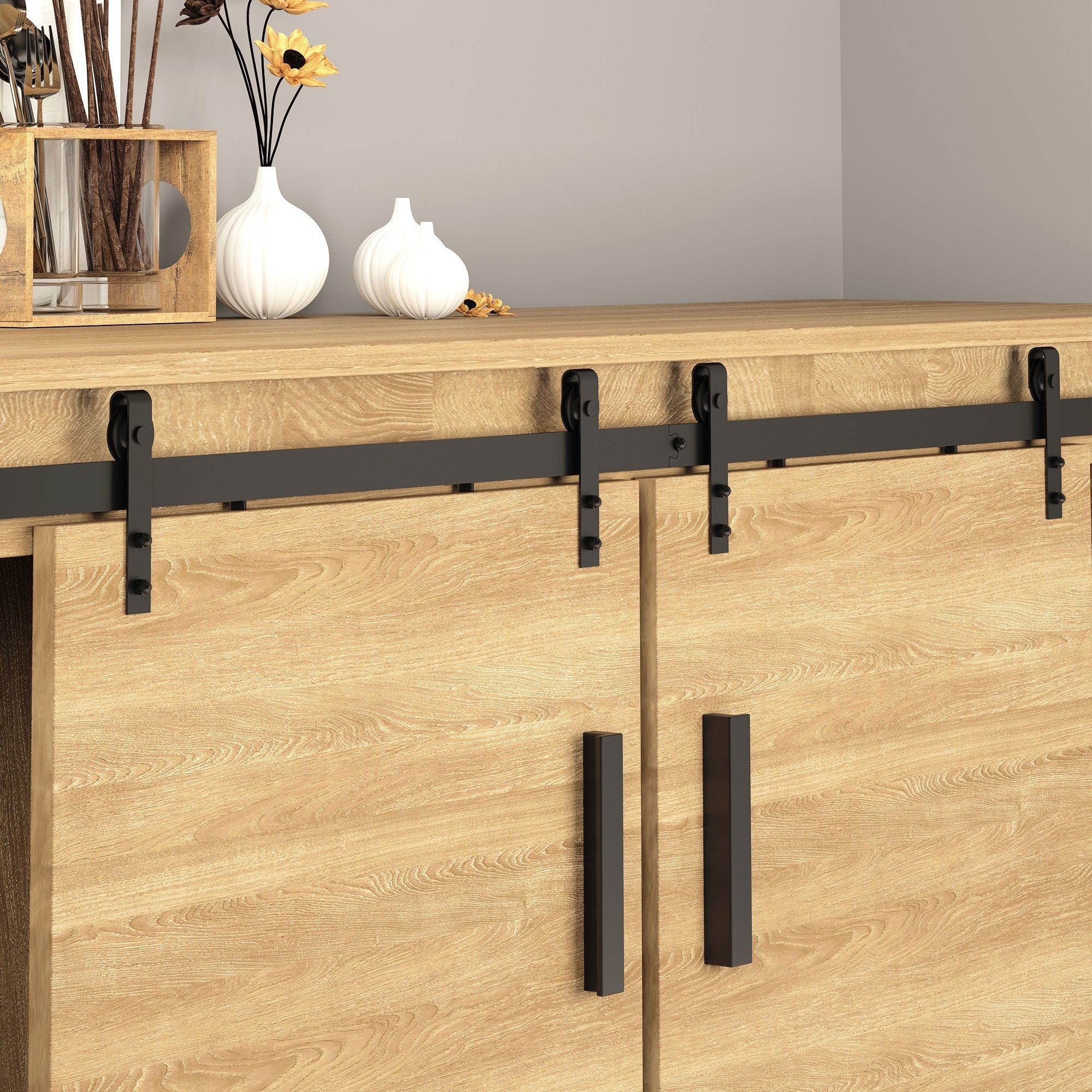 Sliding Door System, Double Wooden Doors, Carbon Steel, Black - Image 6