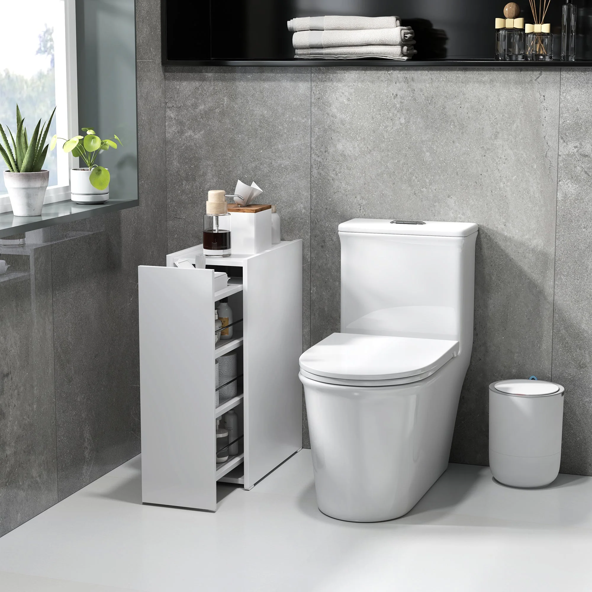 Slim Bathroom Cabinet, Wheels, 3 Deep Compartments, White