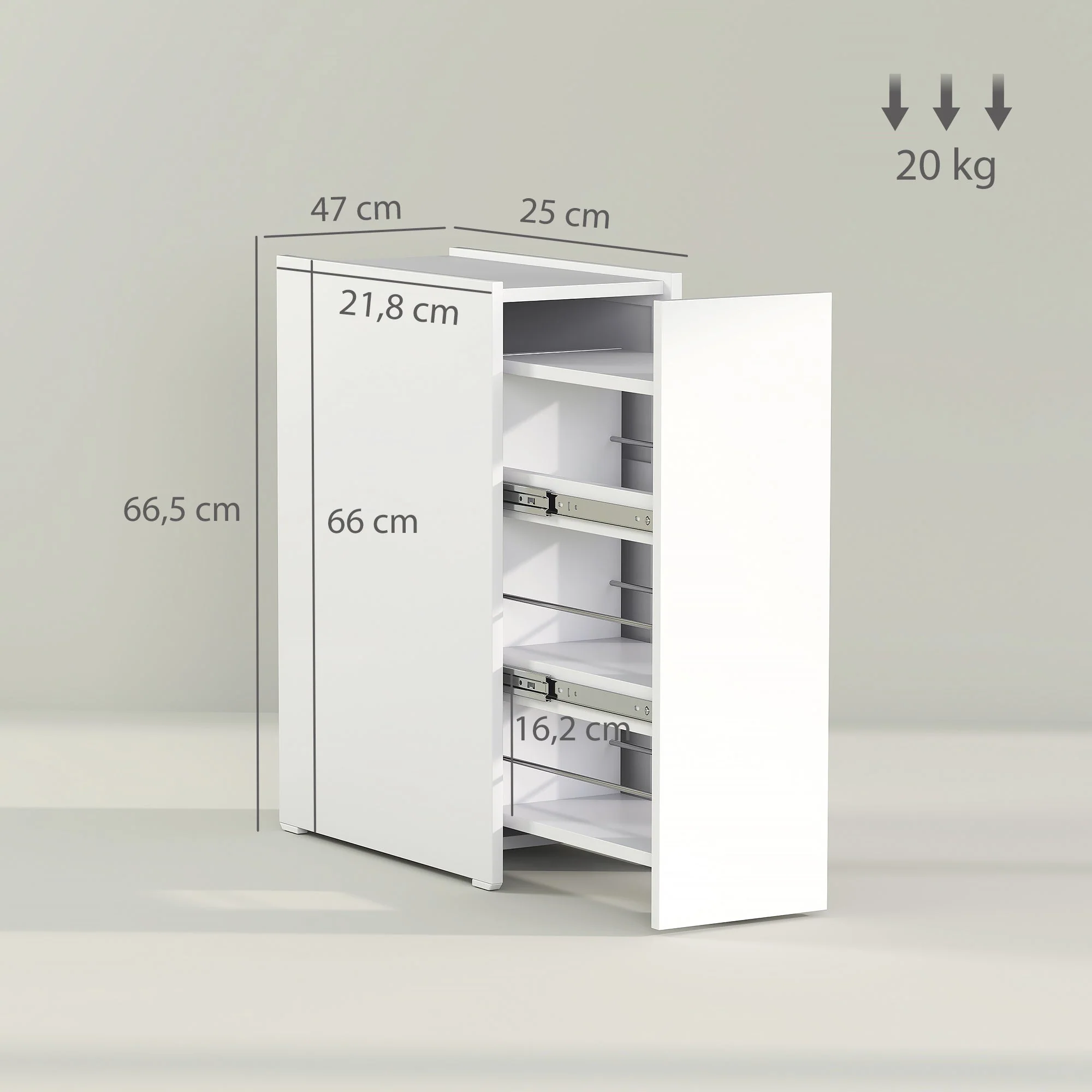 Slim Bathroom Cabinet, Wheels, 3 Deep Compartments, White - Image 3