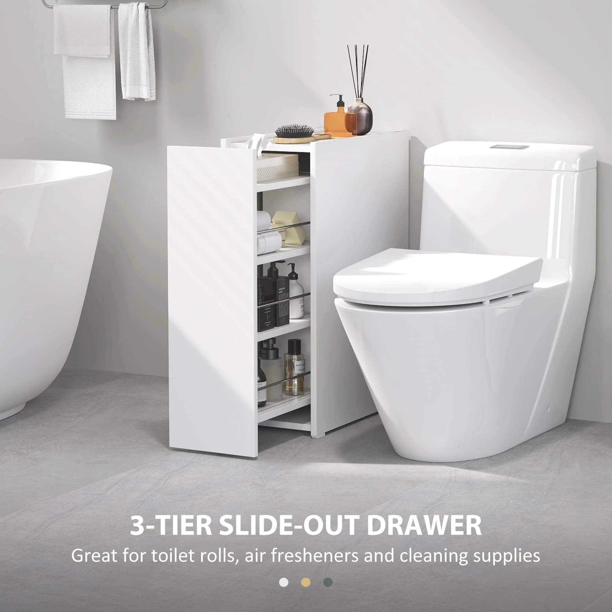 Slim Bathroom Cabinet, Wheels, 3 Deep Compartments, White - Image 4
