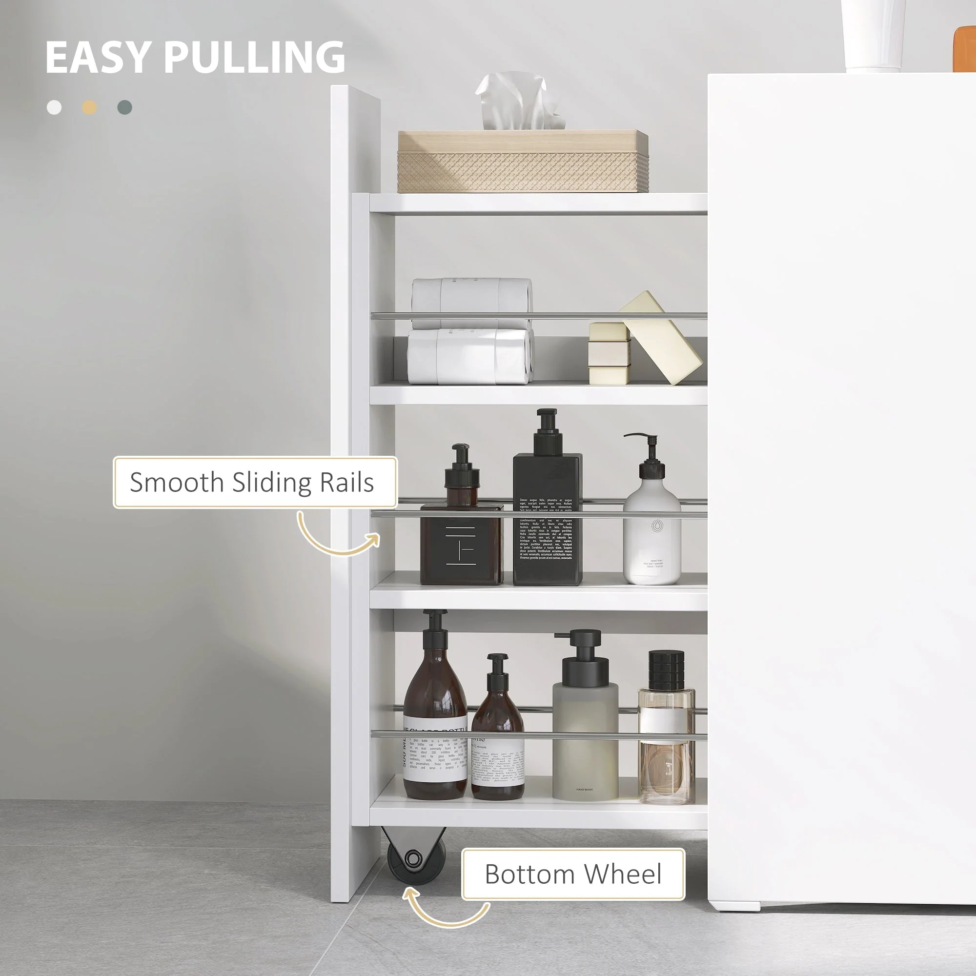 Slim Bathroom Cabinet, Wheels, 3 Deep Compartments, White - Image 5