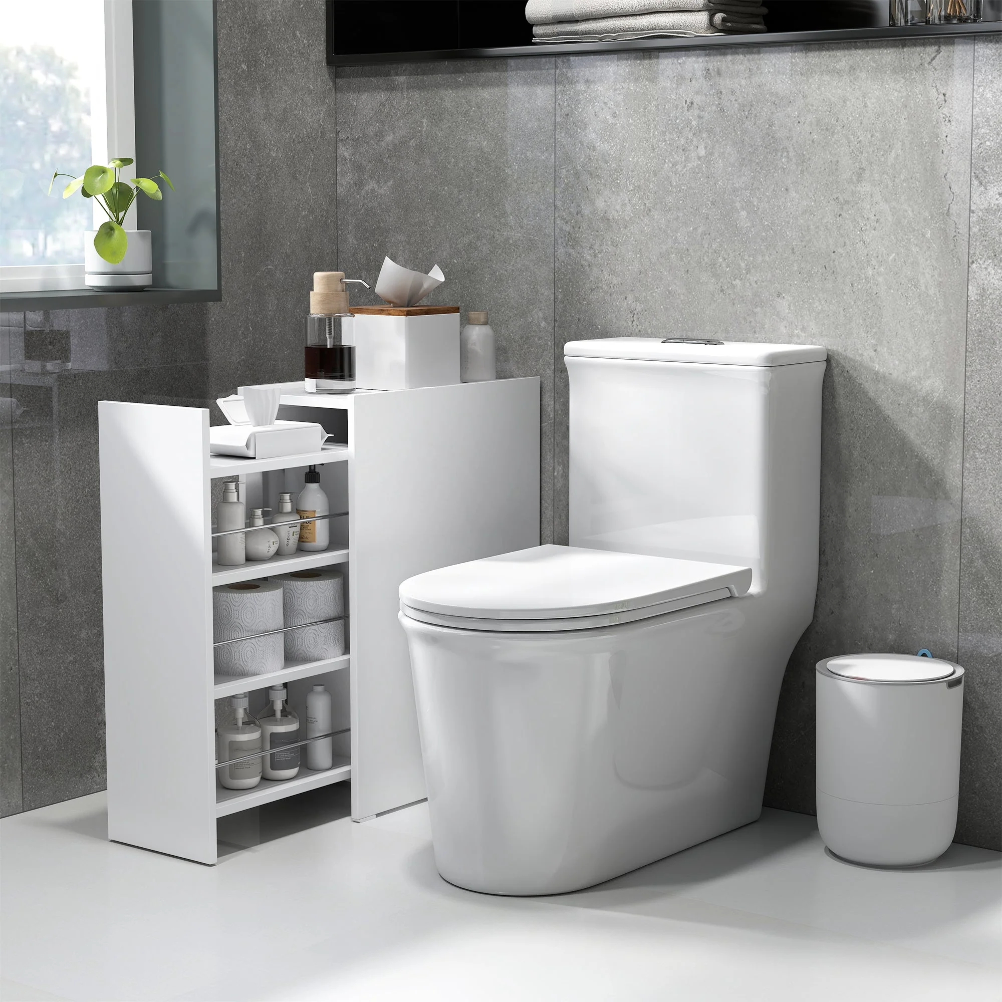 Slim Bathroom Cabinet, Wheels, 3 Deep Compartments, White - Image 6