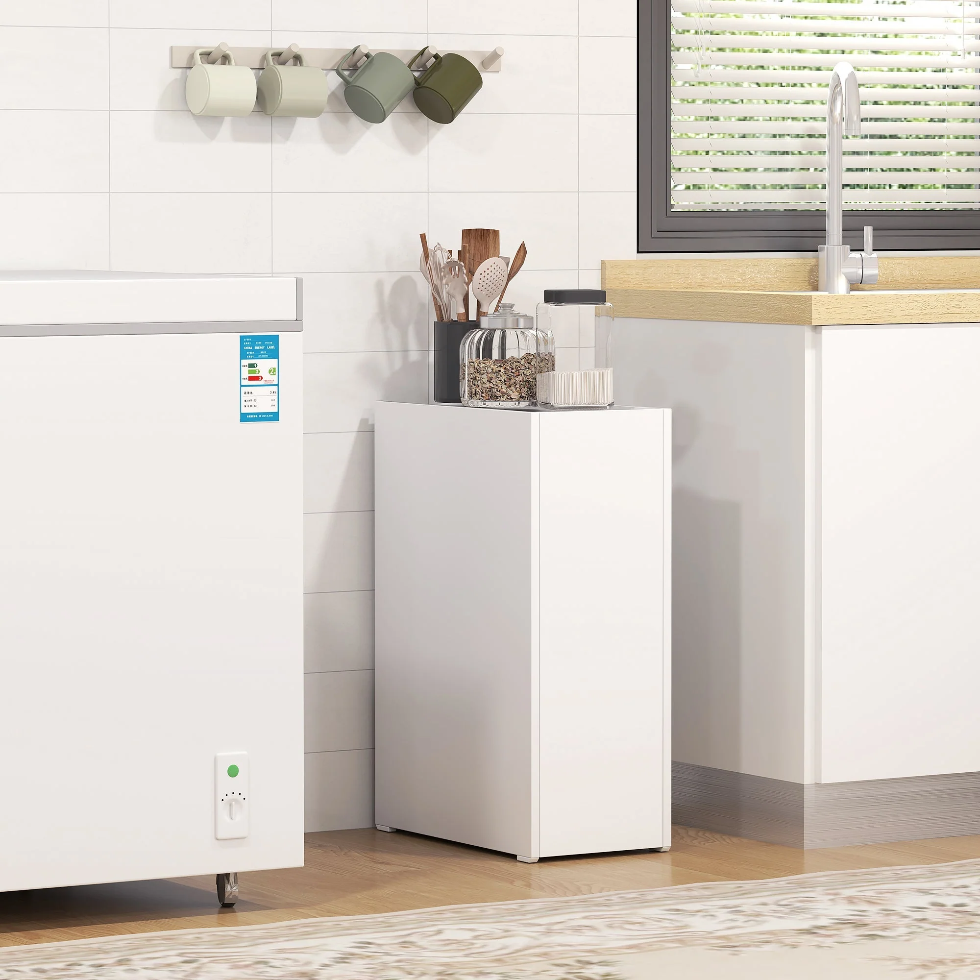 Slim Bathroom Cabinet, Wheels, 3 Deep Compartments, White - Image 7