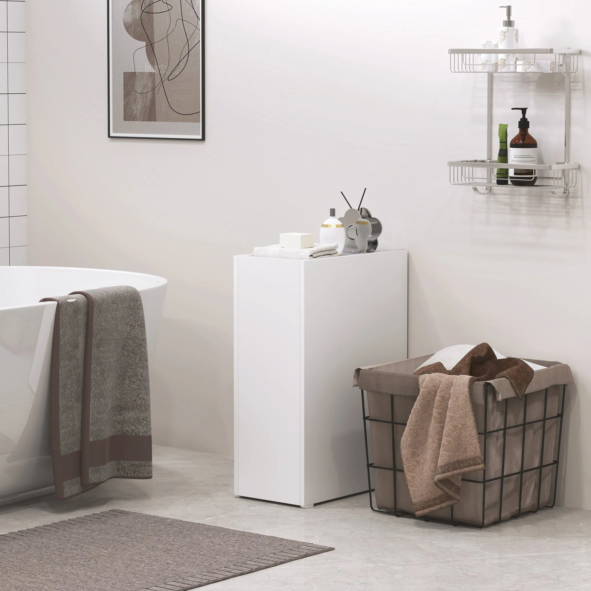 Slim Bathroom Cabinet, Wheels, 3 Deep Compartments, White - Image 8