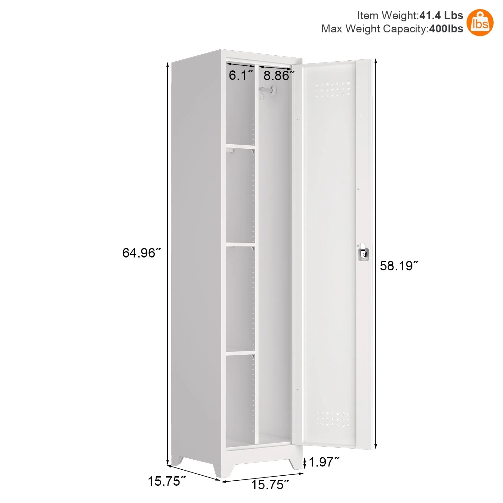 Slim Broom Storage Cabinet with Shelves, Hanging Rod and Locking Door, Metal - Image 2