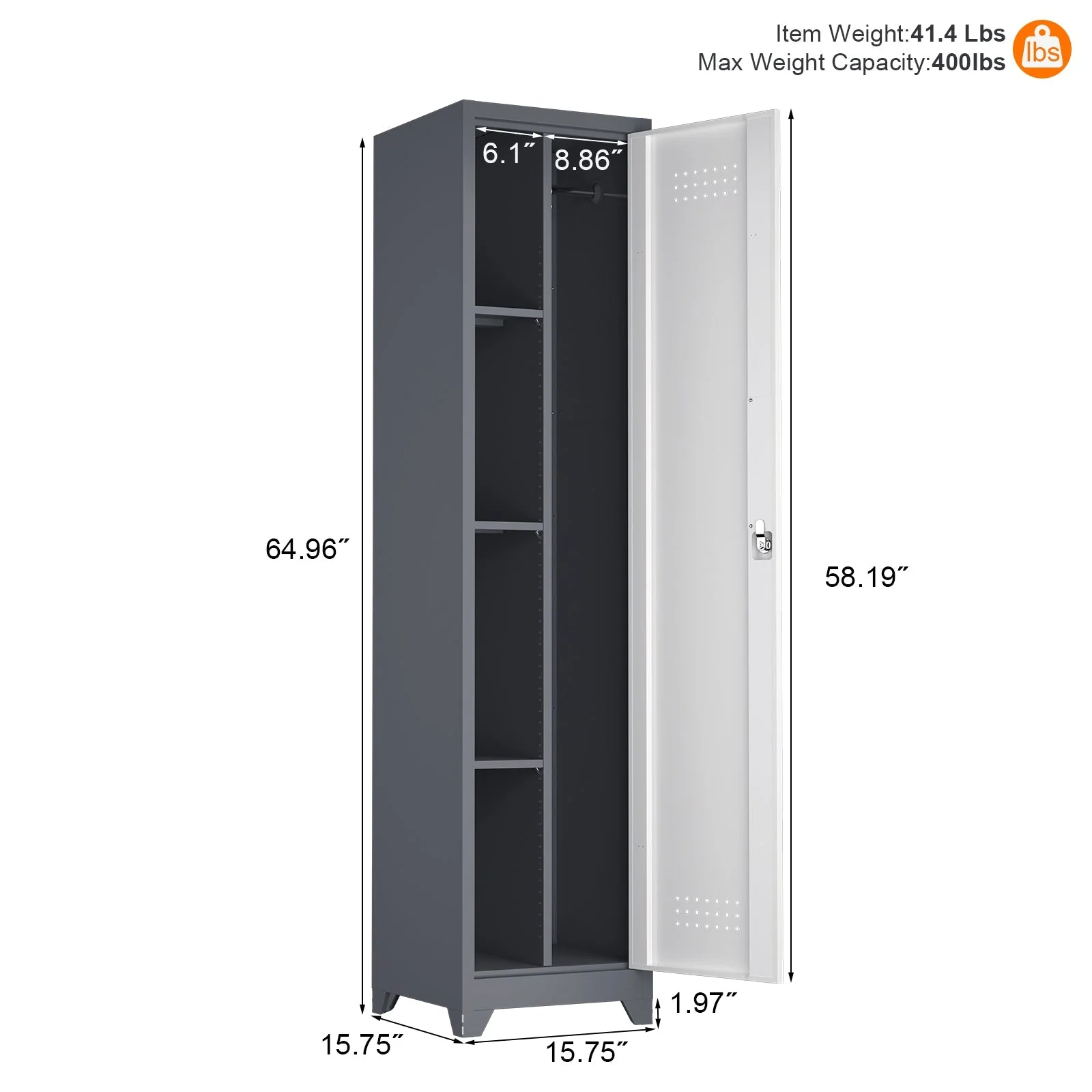 Slim Broom Storage Cabinet with Shelves, Hanging Rod & Locking Door - Metal - Image 2