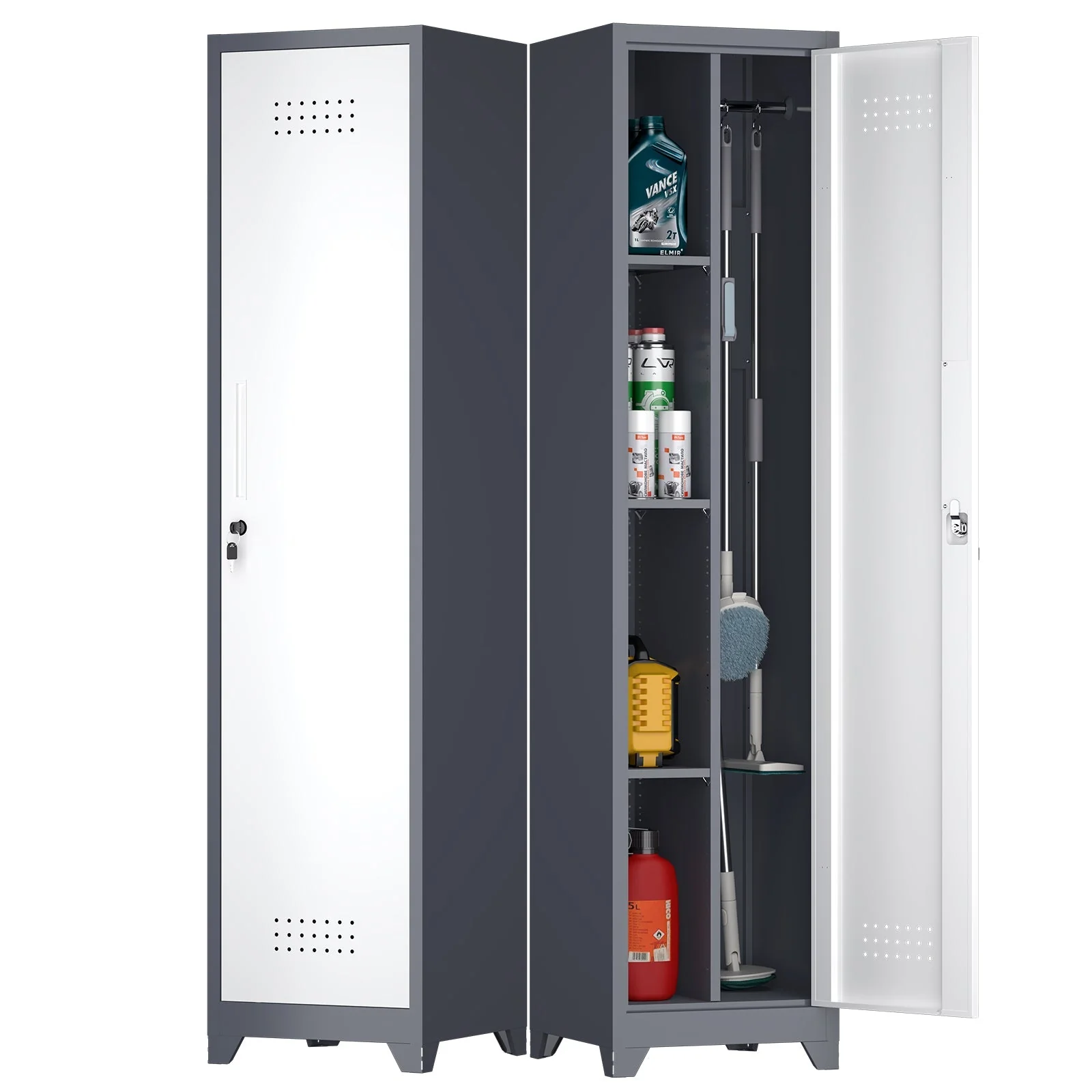 Slim Broom Storage Cabinet with Shelves, Hanging Rod & Locking Door - Metal - Image 3