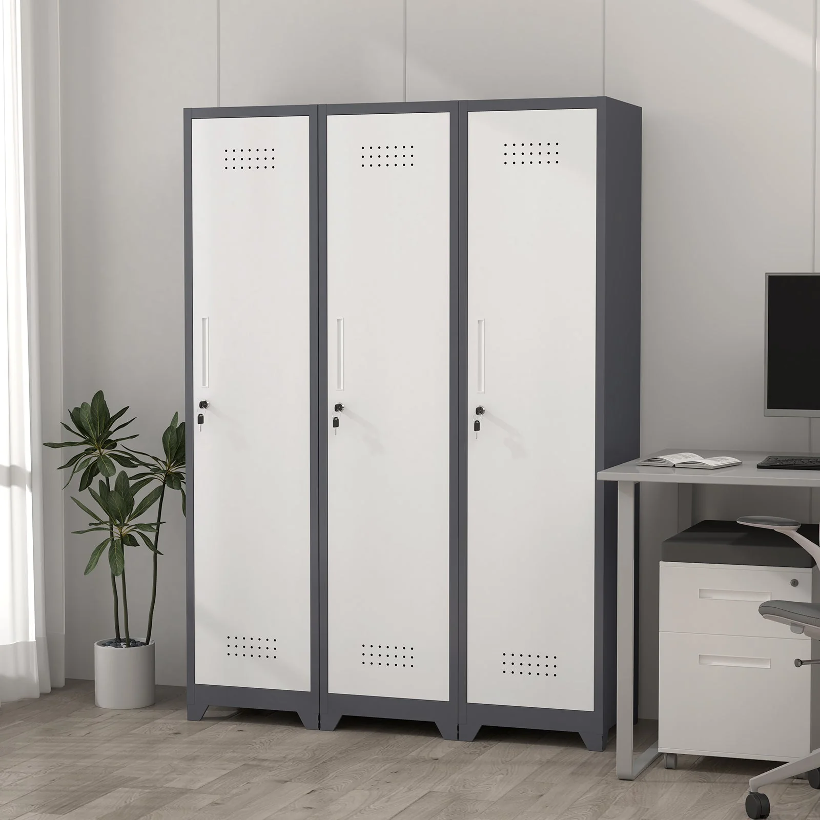 Slim Broom Storage Cabinet with Shelves, Hanging Rod & Locking Door - Metal - Image 4