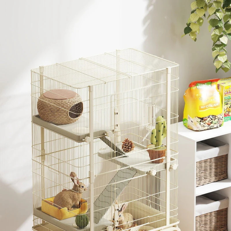 Small Animal Cage, 4 Levels with Food Bowl and Water Bottle, Beige - Image 8