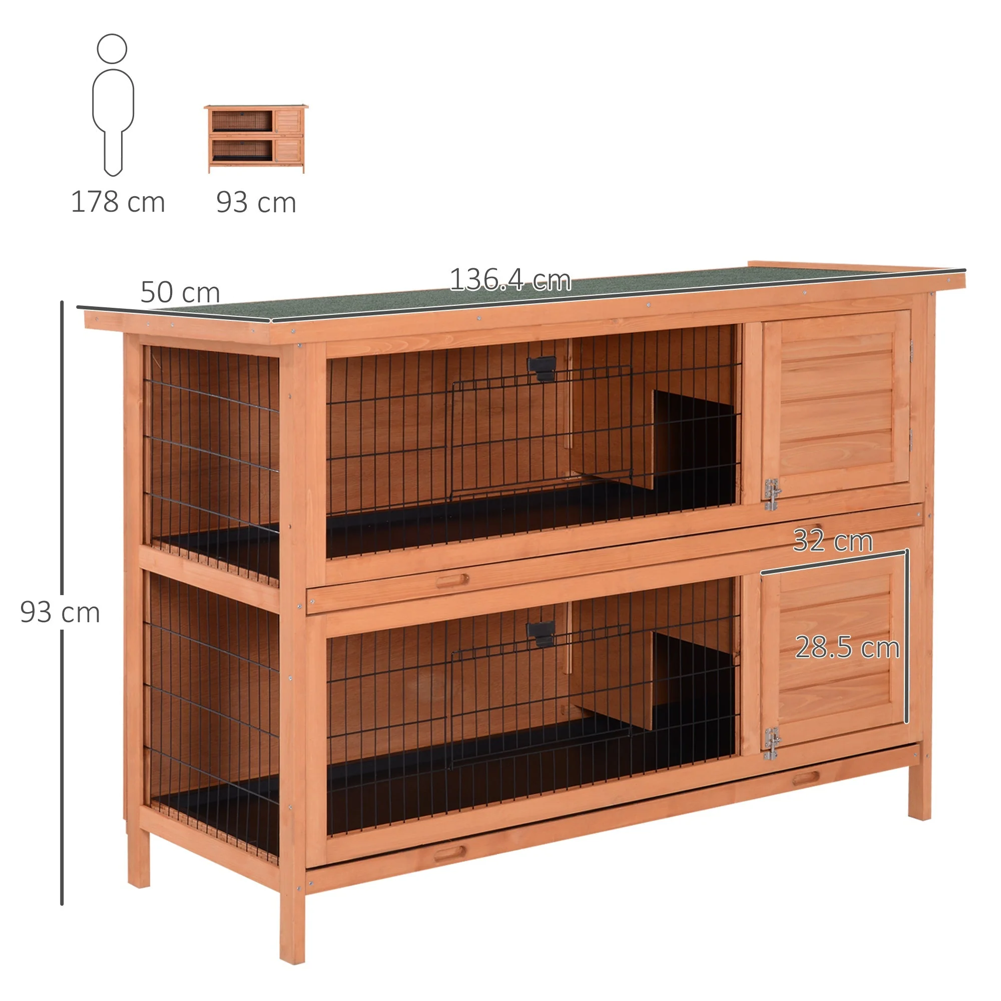 Small Animal Hutch, Double-Tier Guinea Pig Cage, Fir Wood, Orange - Image 3