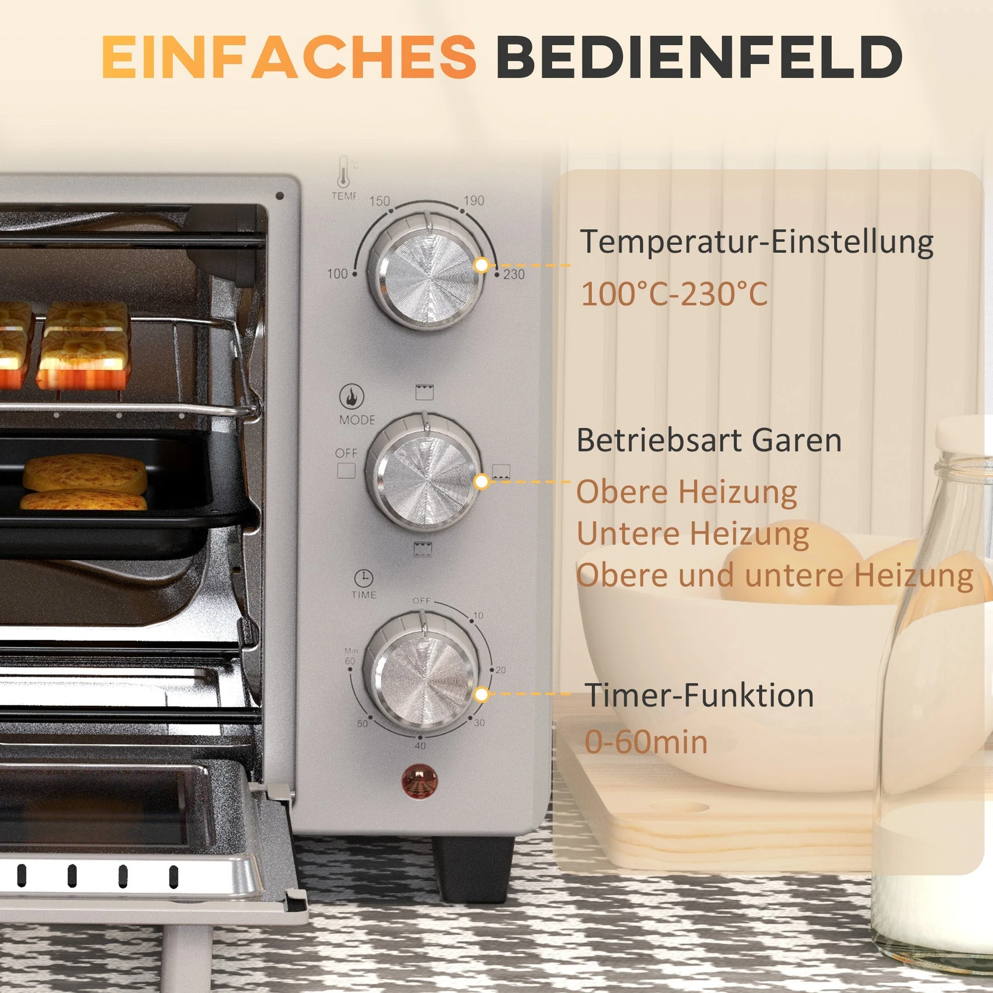 Small Oven 21L 100°C-230°C 3 Cooking Modes Stainless Steel Silver - Image 6
