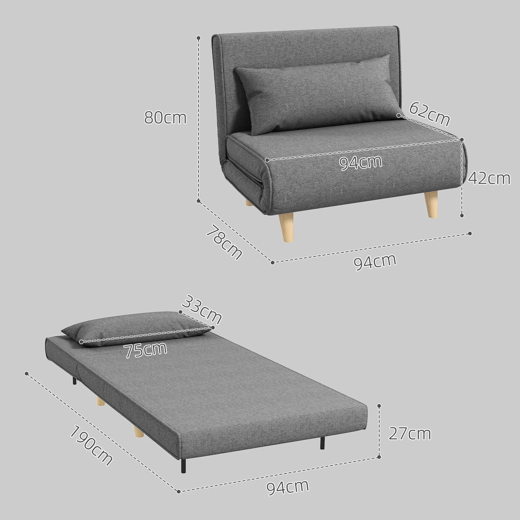 Small Single Sofa Bed, Folding Adjustable Backrest, Grey - Image 3