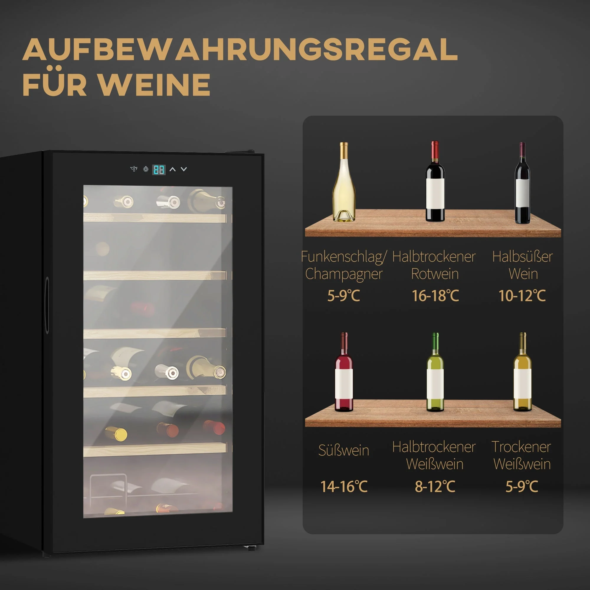 Small Wine Cooler, 24 Bottle Adjustable Temperature LED Lighting, Black - Image 4