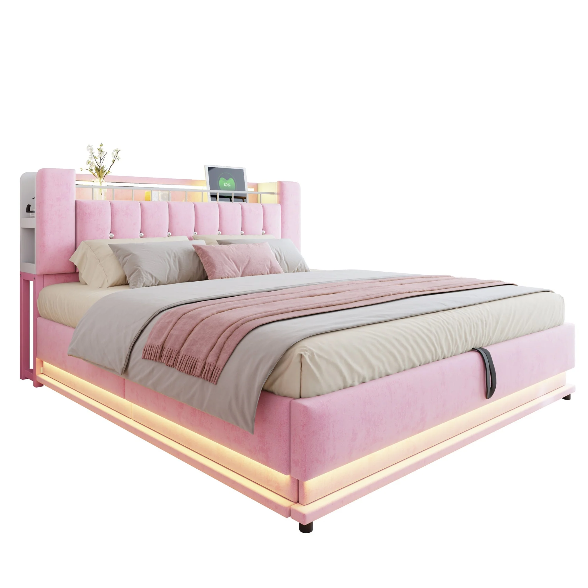 Smart Upholstered Bed with LED Lighting, USB and Hydraulic Storage, 180 x 200 cm, Pink Velvet - Image 10