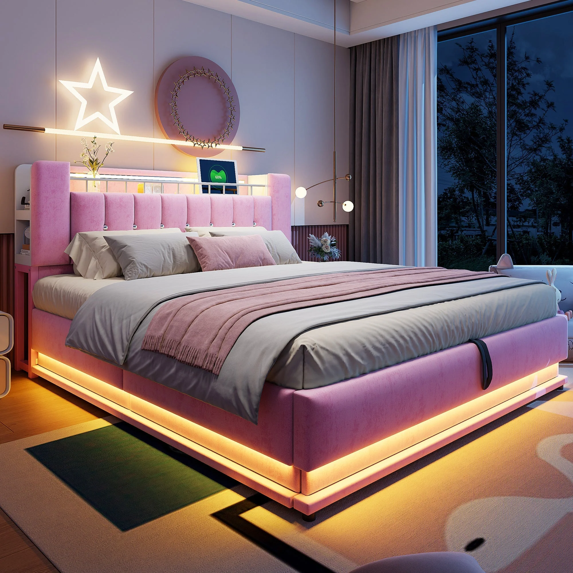 Smart Upholstered Bed with LED Lighting, USB and Hydraulic Storage, 180 x 200 cm, Pink Velvet - Image 4