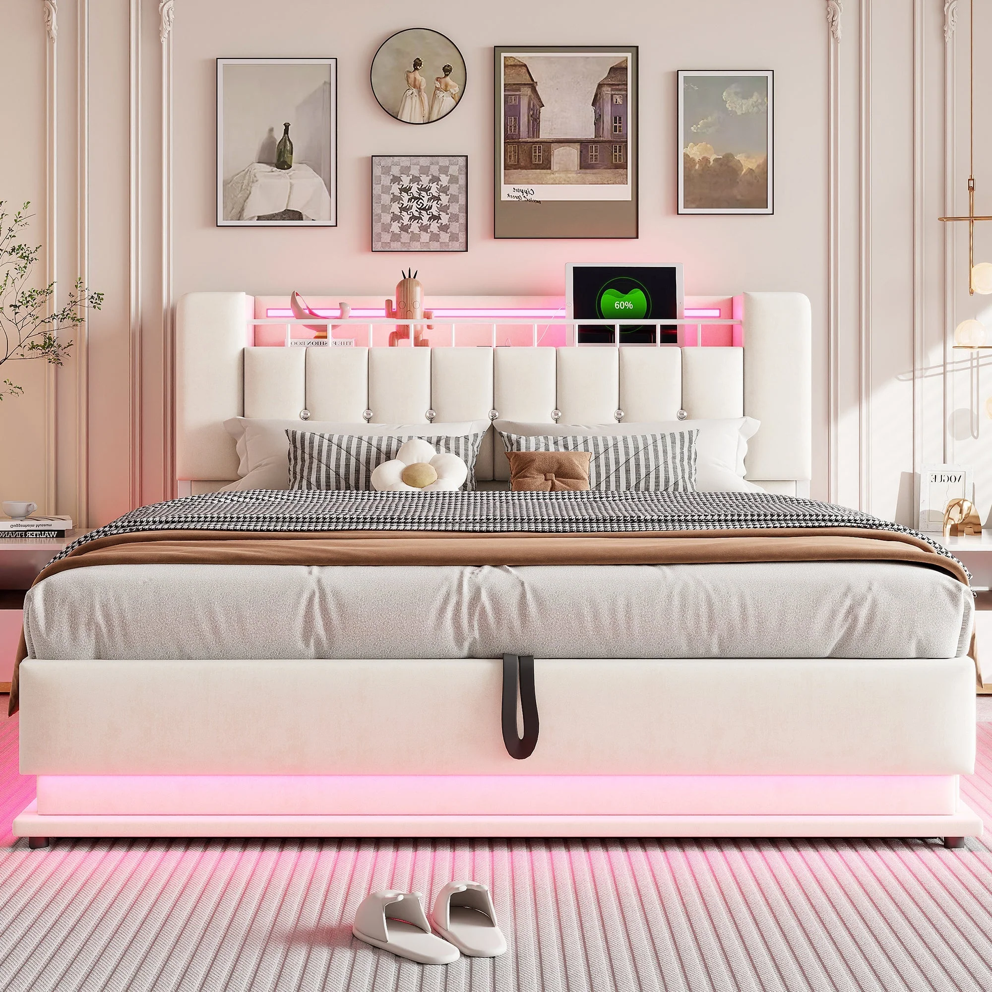 Smart Upholstered Bed with LED, USB and Hydraulic Storage, Beige Velvet - Image 3