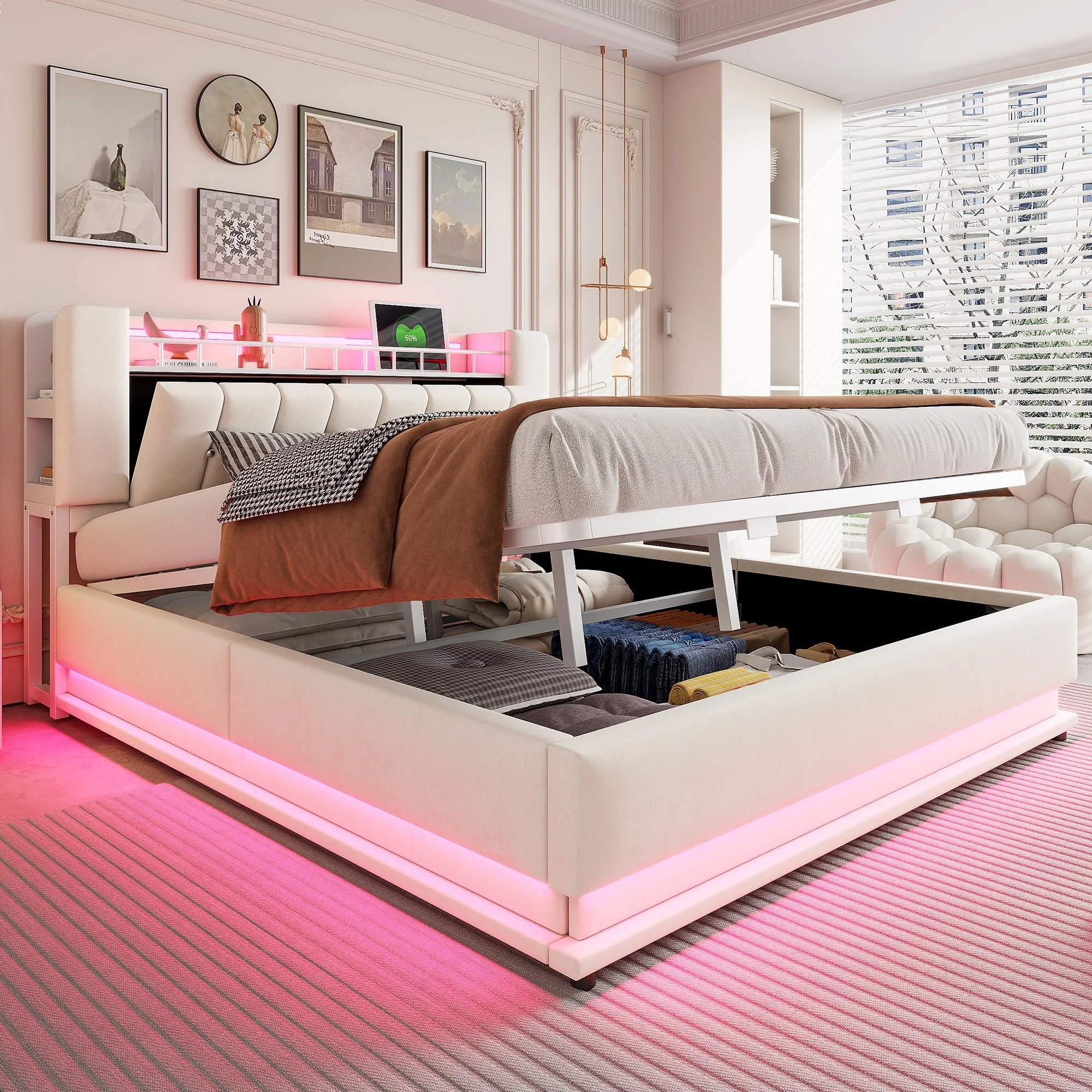 Smart Upholstered Bed with LED, USB and Hydraulic Storage, Beige Velvet - Image 4