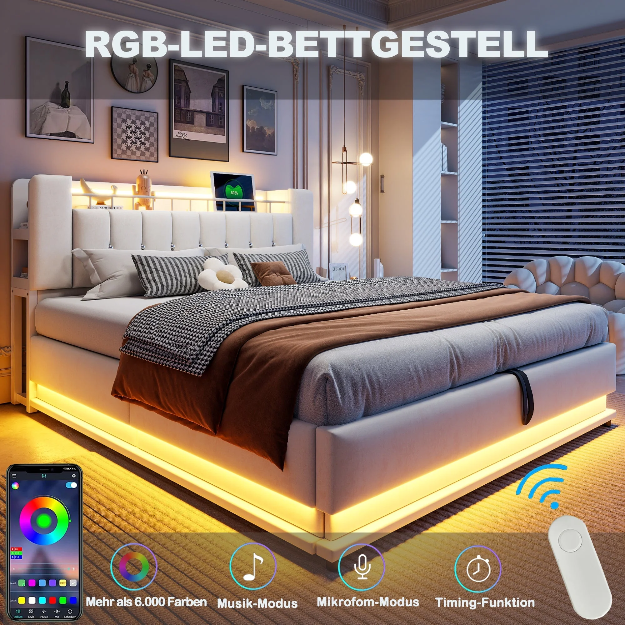 Smart Upholstered Bed with LED, USB and Hydraulic Storage, Beige Velvet - Image 5