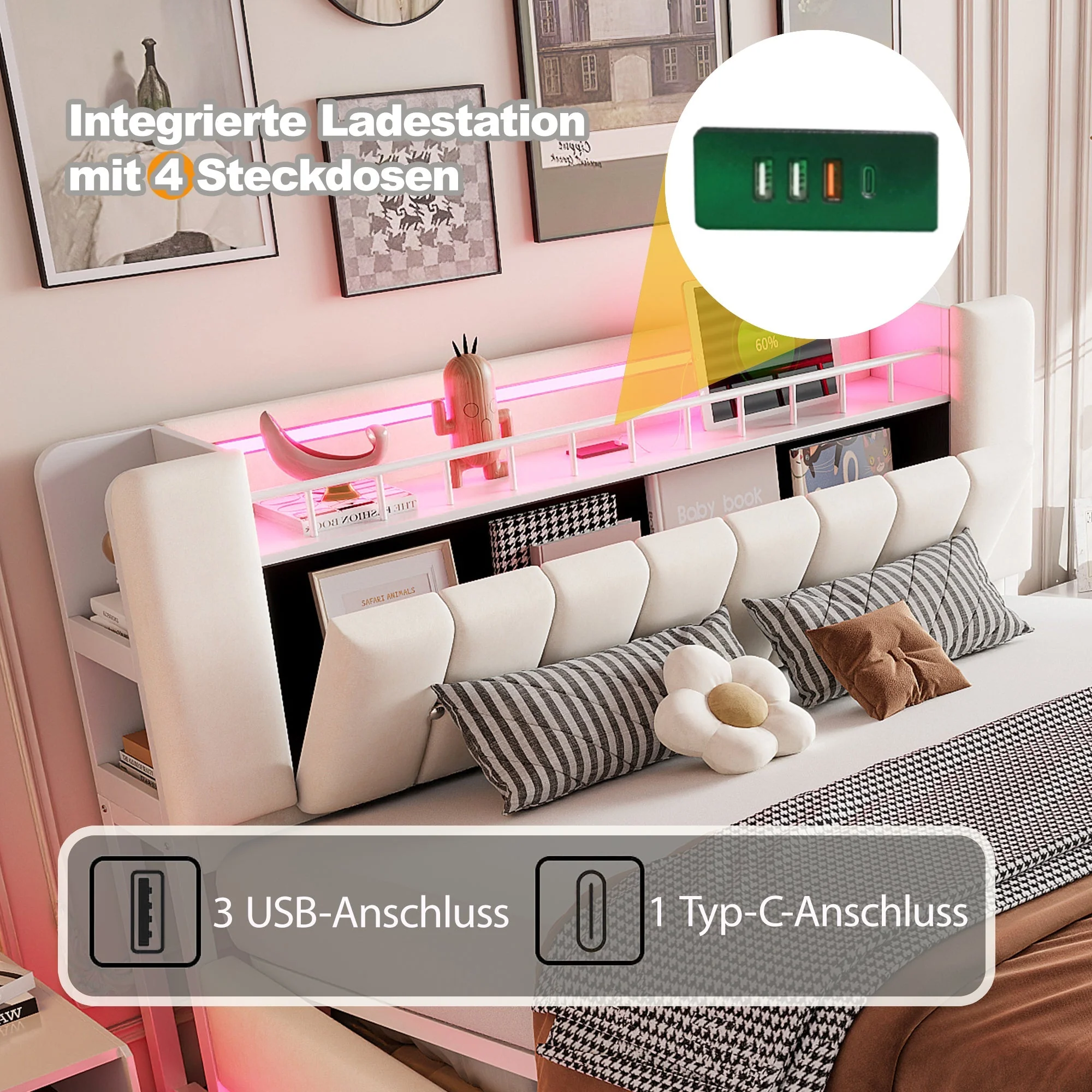 Smart Upholstered Bed with LED, USB and Hydraulic Storage, Beige Velvet - Image 7