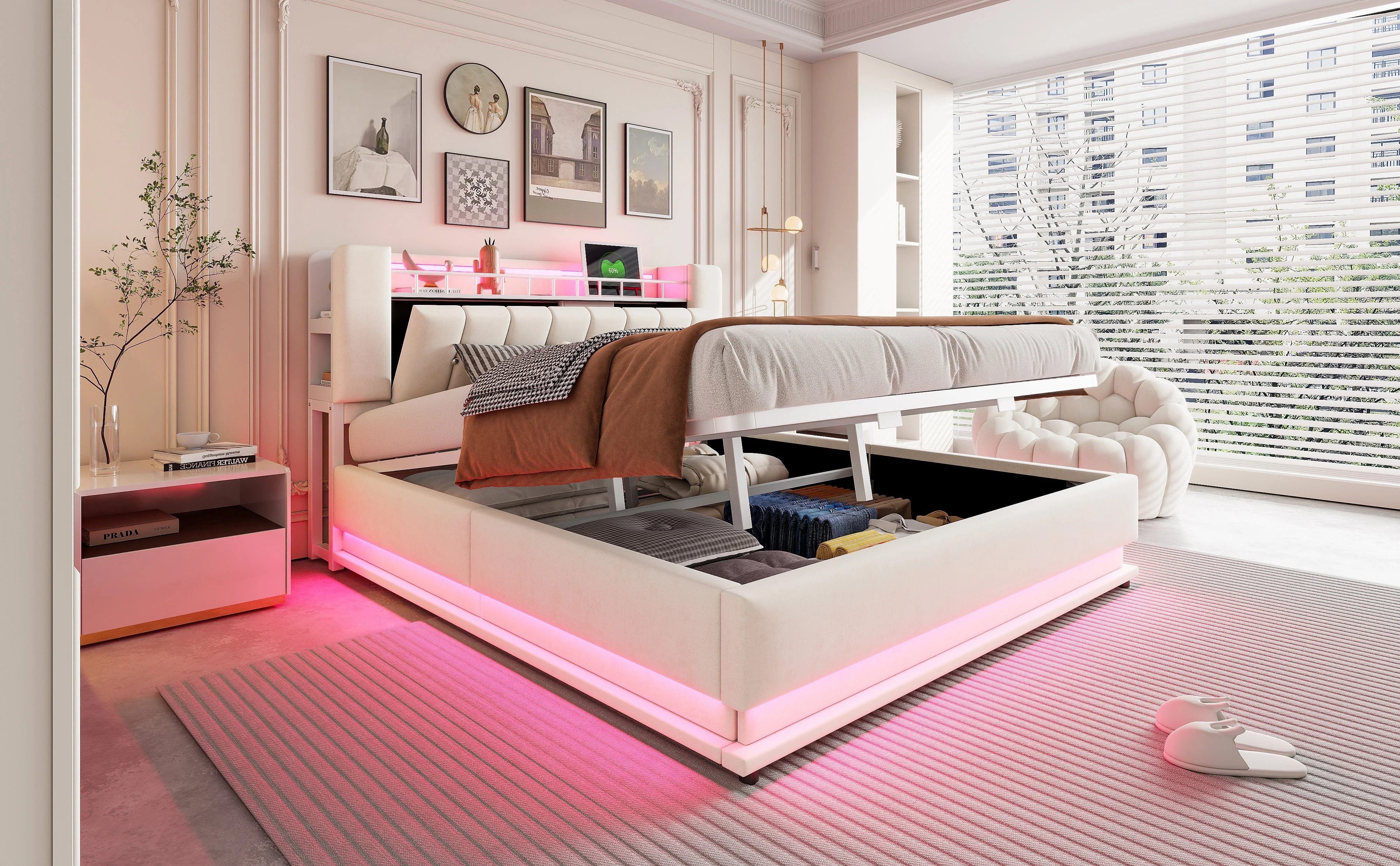 Smart Upholstered Bed with LED, USB and Hydraulic Storage, Beige Velvet - Image 9