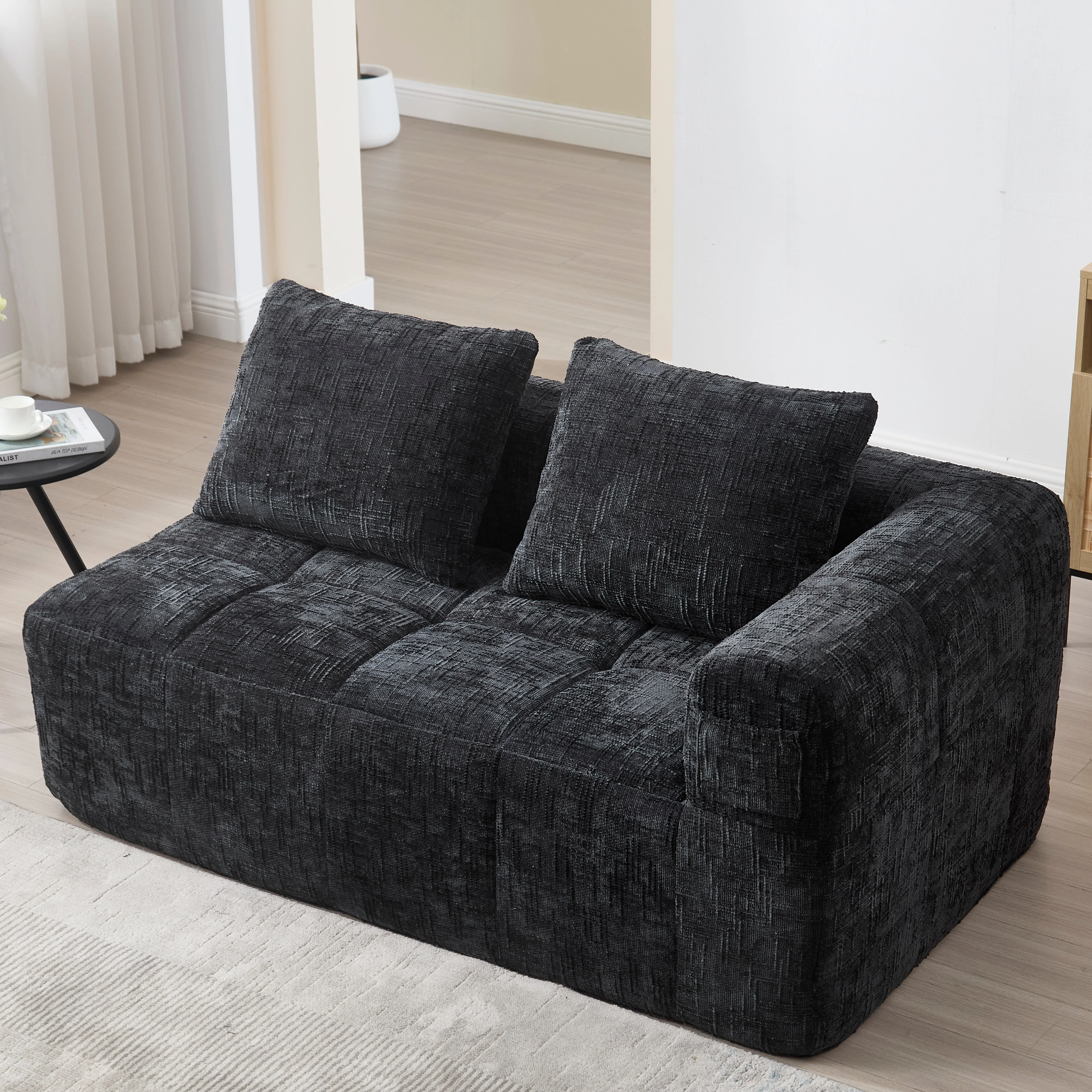 Sofa 2-Person Plush Cushion Side Pockets, No Assembly, Black