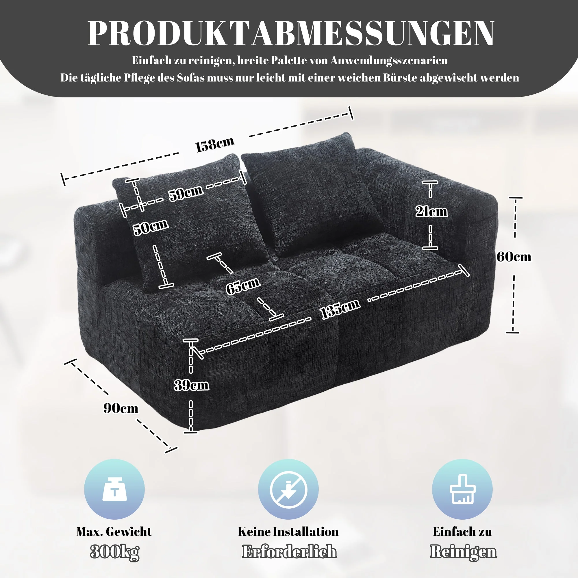 Sofa 2-Person Plush Cushion Side Pockets, No Assembly, Black - Image 2