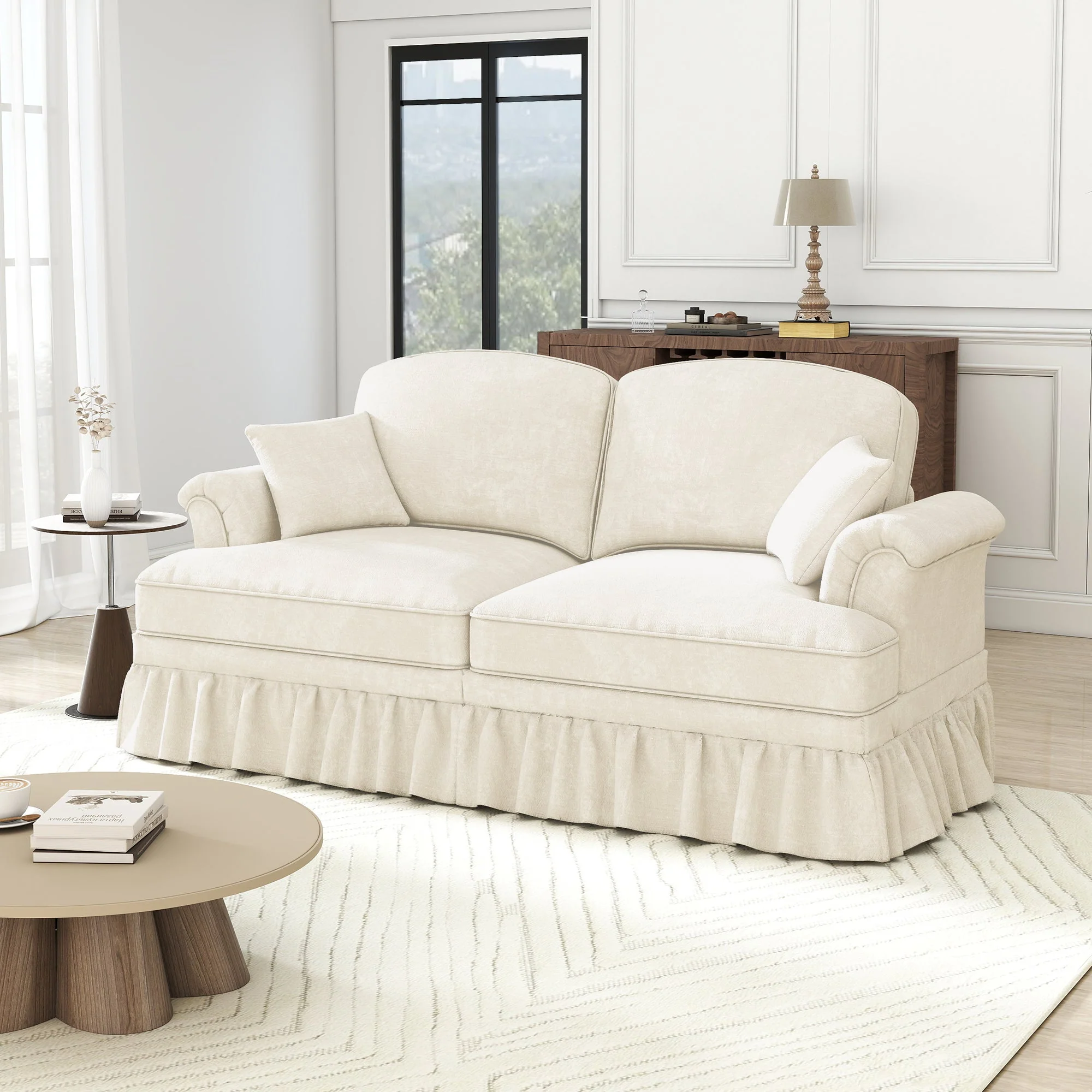 Sofa 2-Seater Mid-Century Modern Flared Arm Chenille - White - Image 2