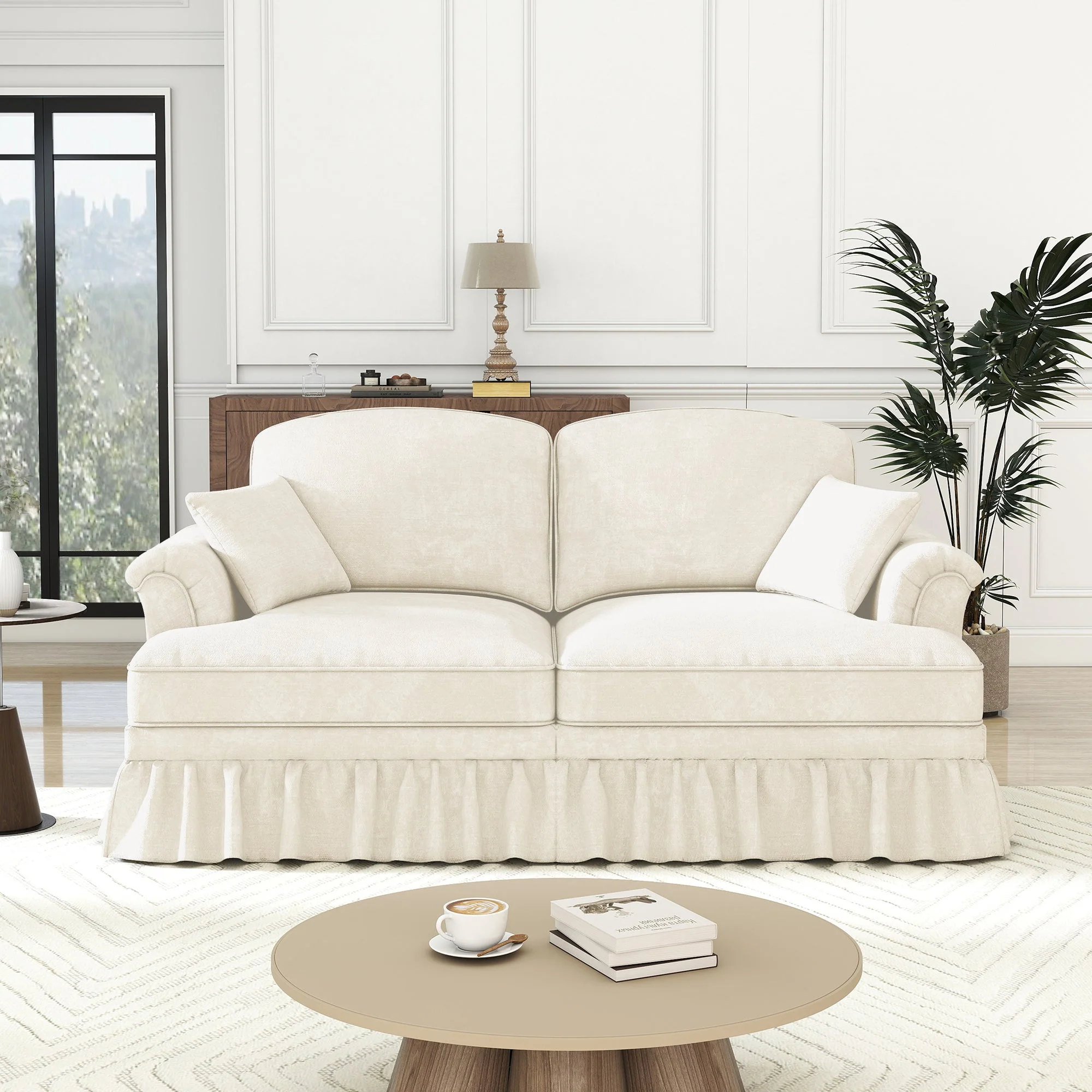 Sofa 2-Seater Mid-Century Modern Flared Arm Chenille - White - Image 4
