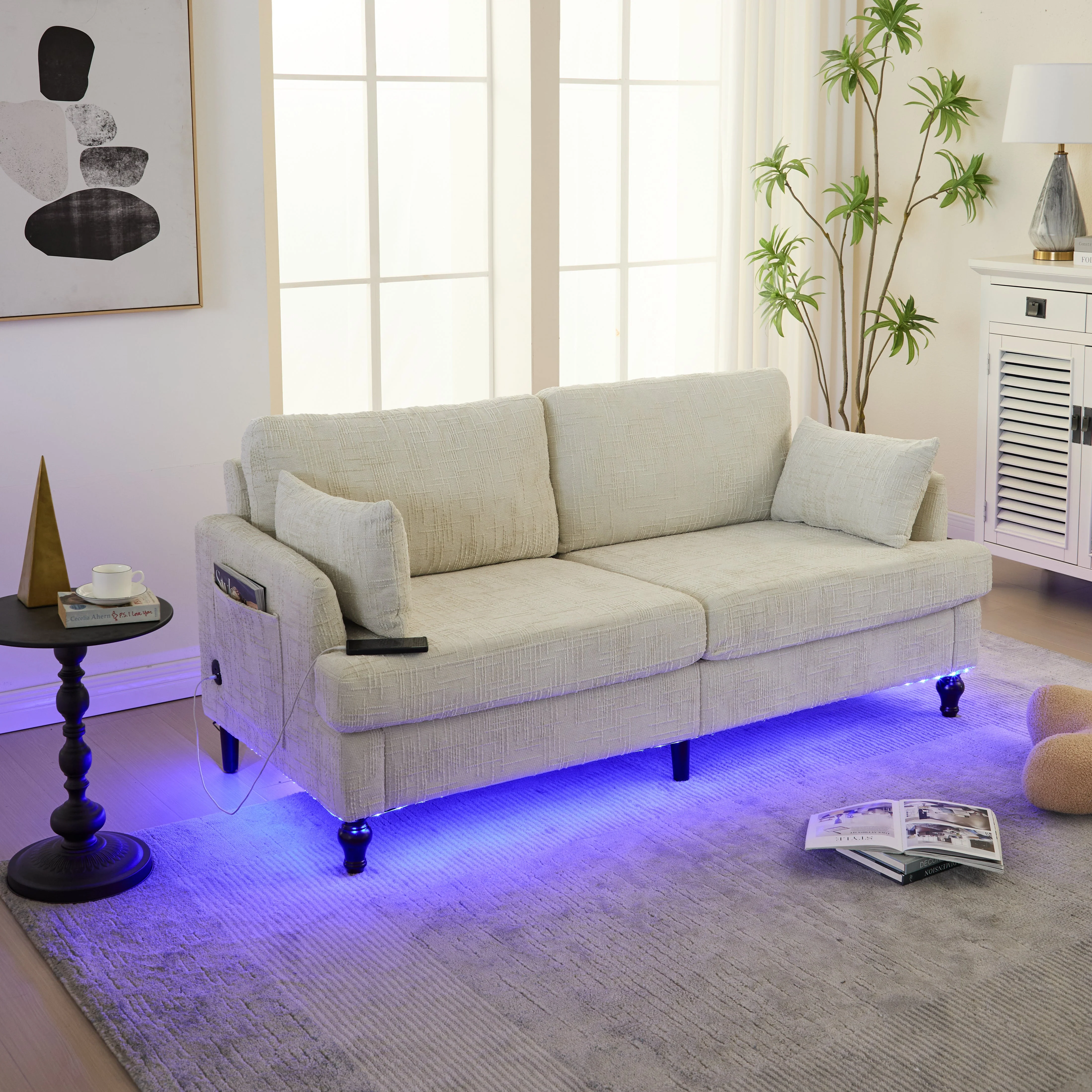 Sofa, 2-Seater with LED Light, USB & Storage, Chenille - Image 10