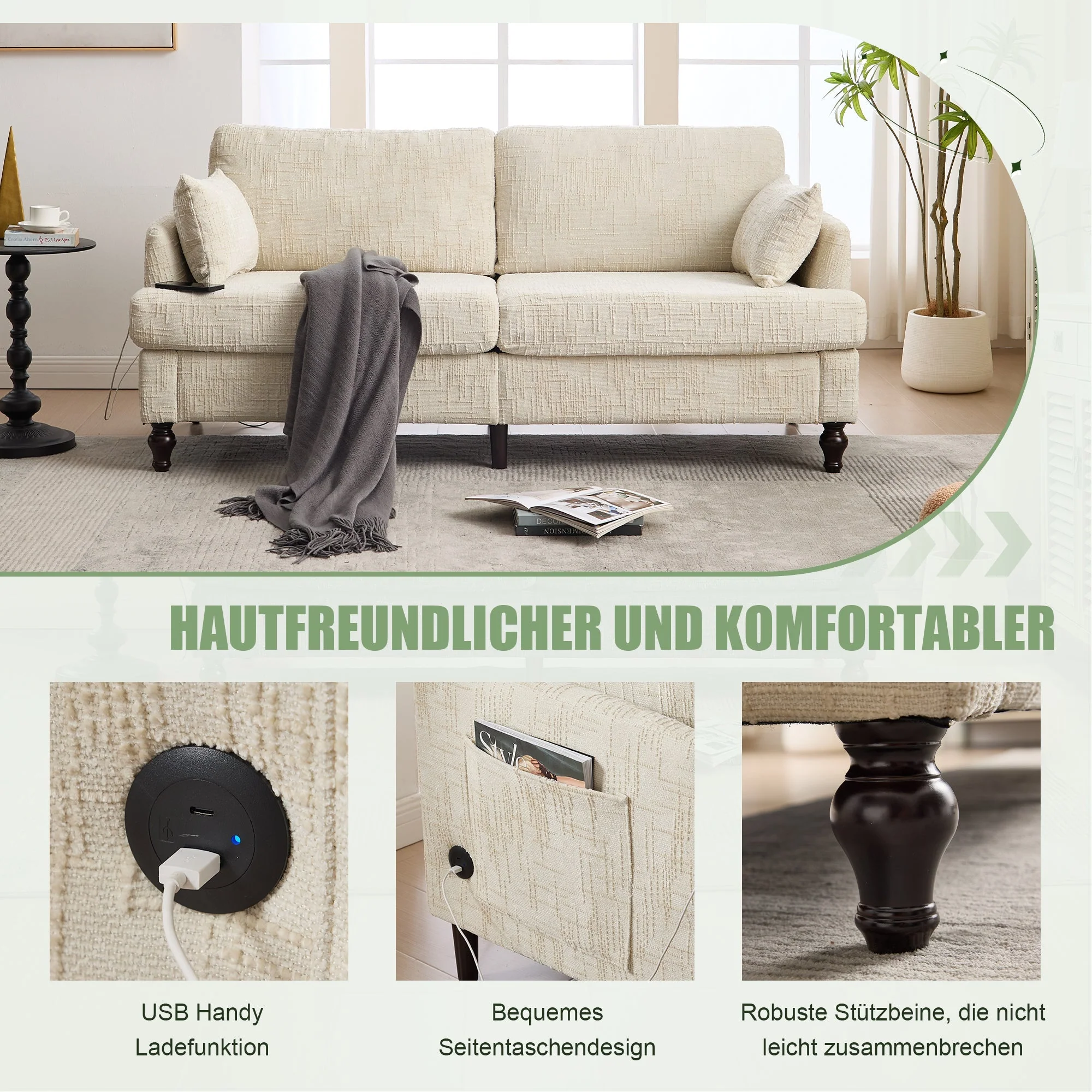 Sofa, 2-Seater with LED Light, USB & Storage, Chenille - Image 2