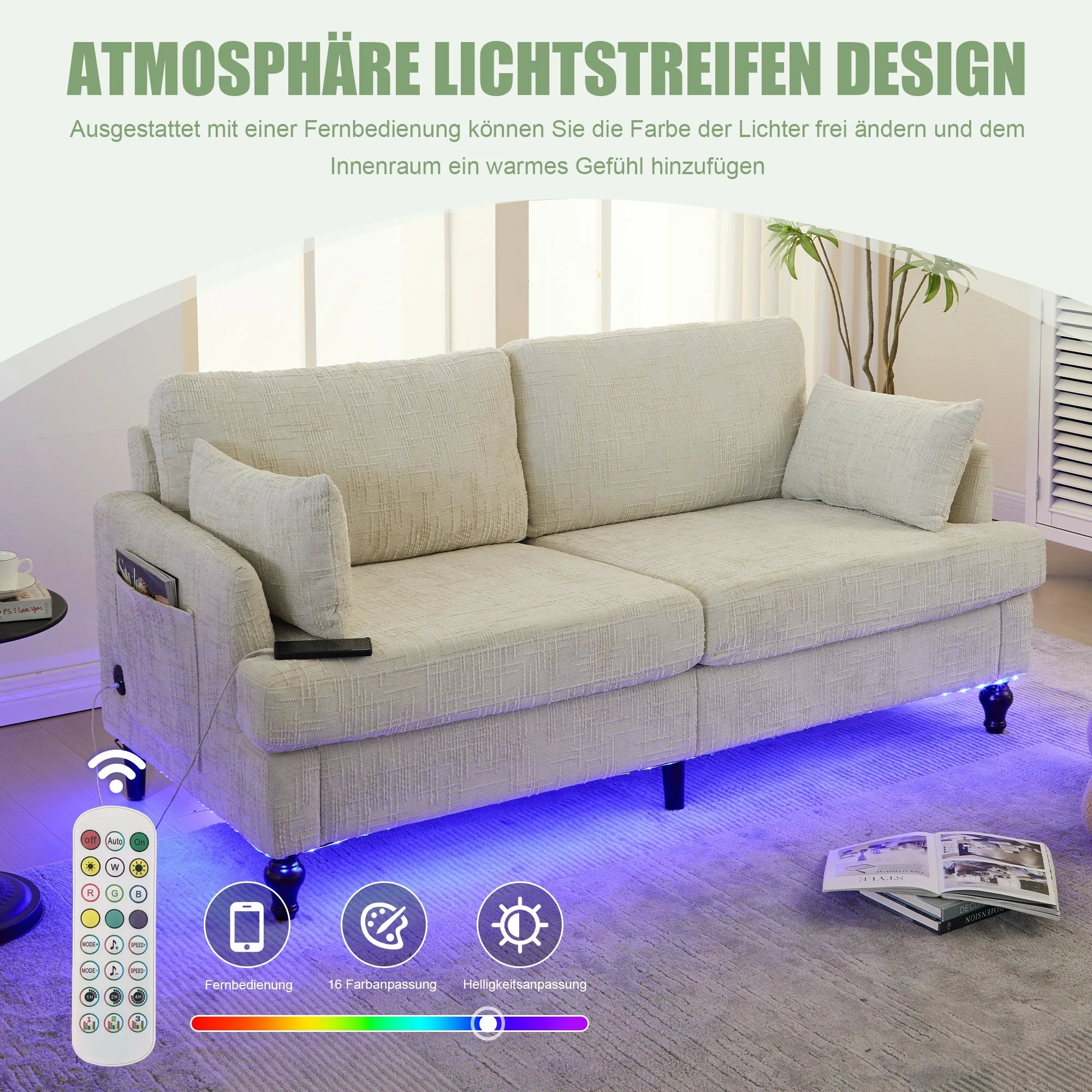 Sofa, 2-Seater with LED Light, USB & Storage, Chenille - Image 3