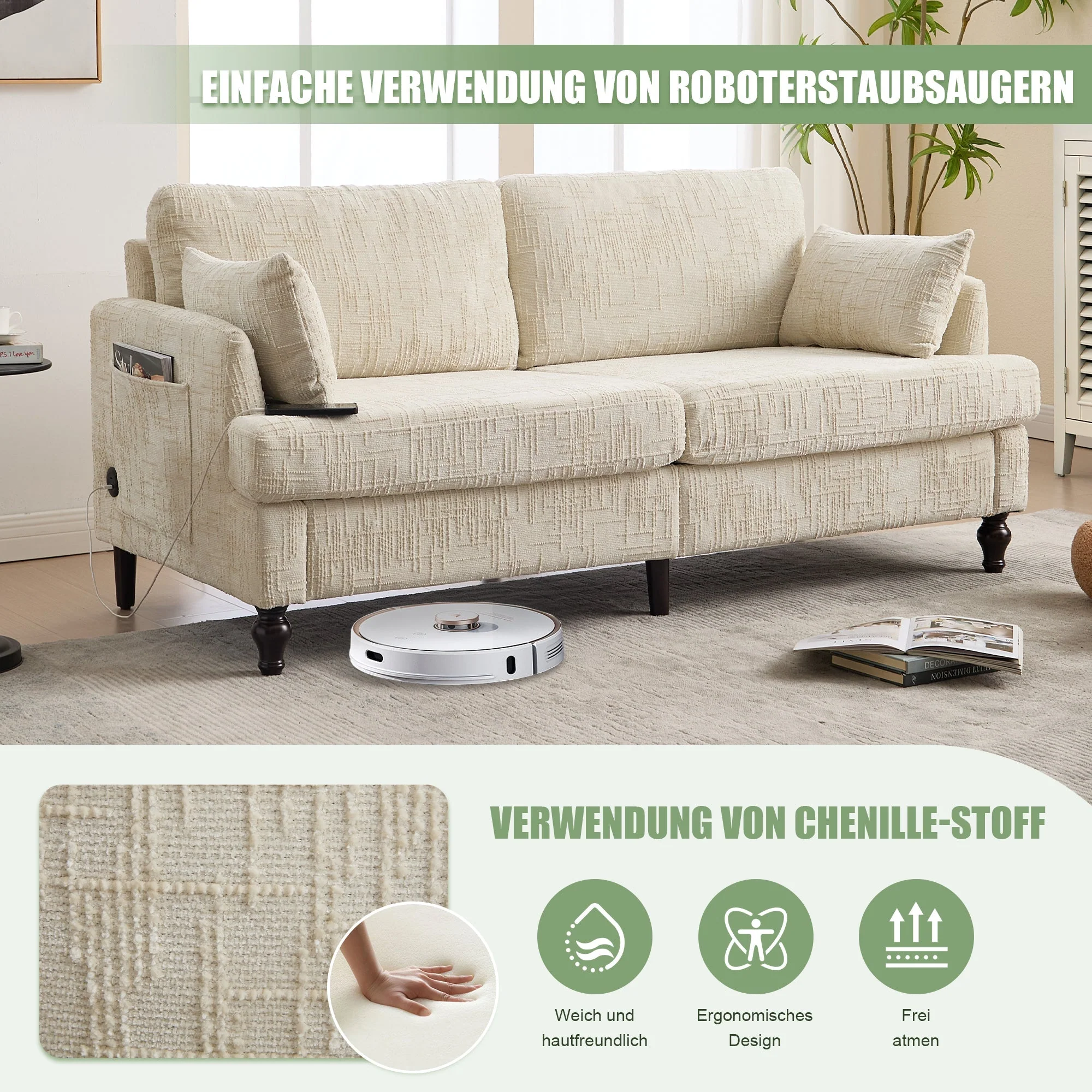 Sofa, 2-Seater with LED Light, USB & Storage, Chenille - Image 4
