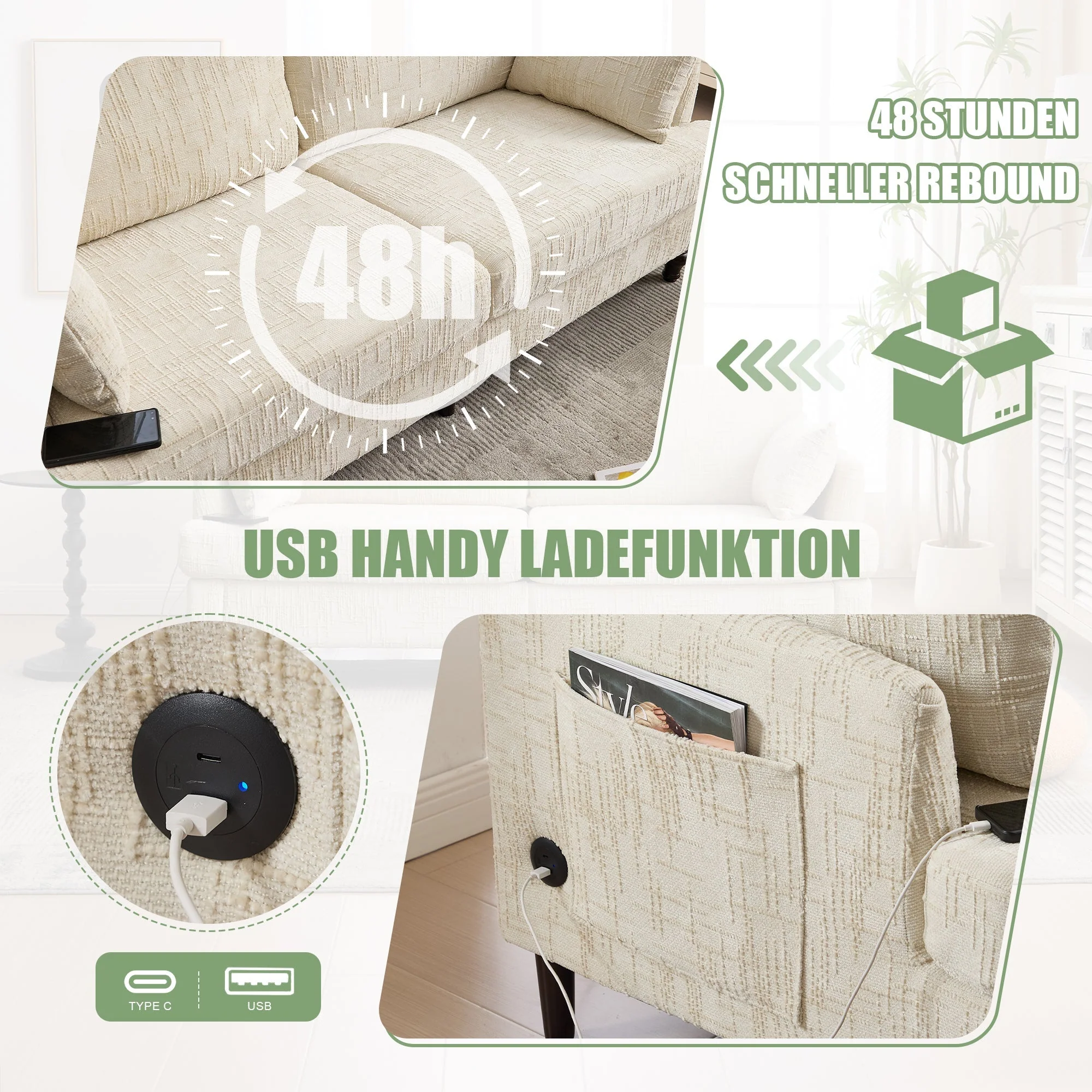 Sofa, 2-Seater with LED Light, USB & Storage, Chenille - Image 5
