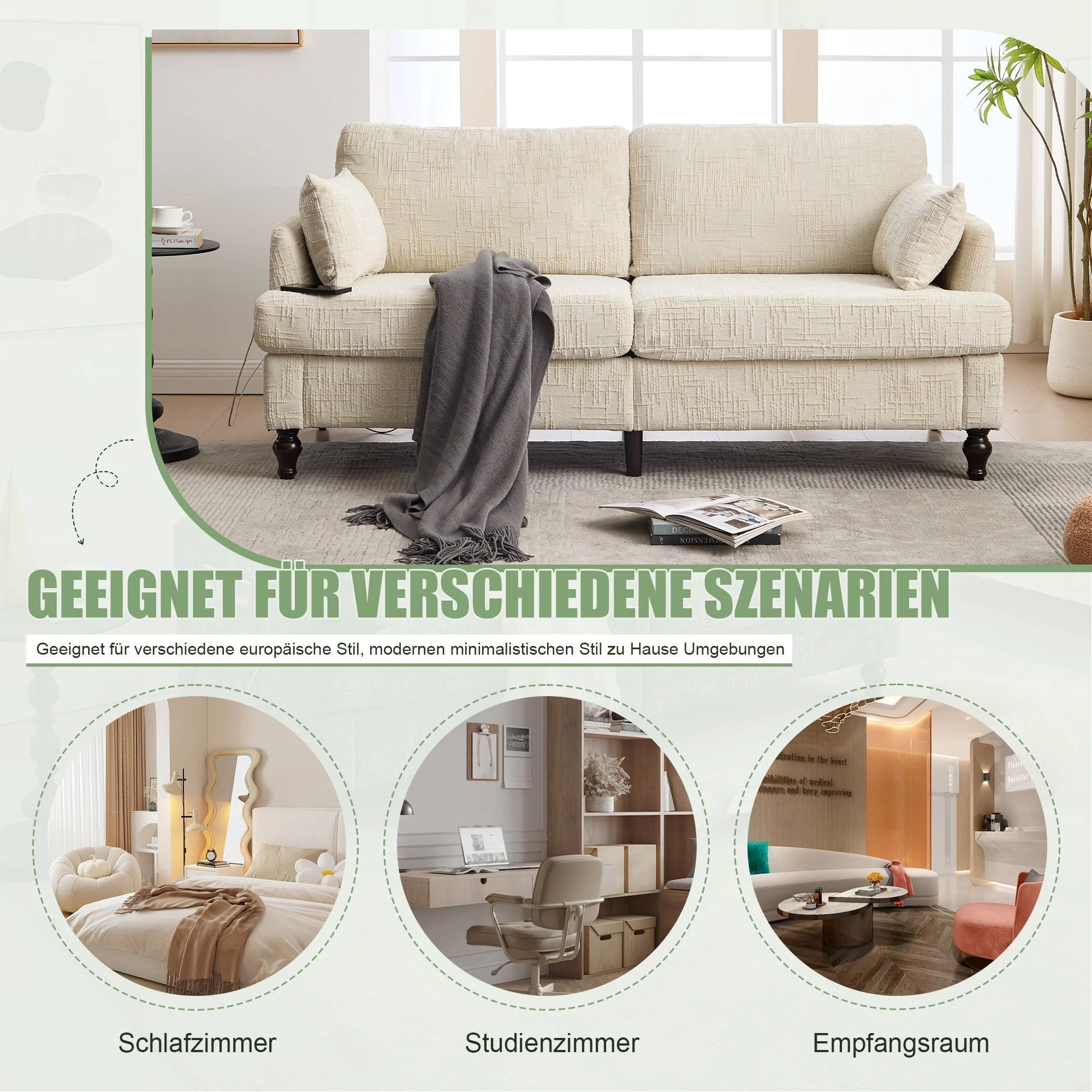 Sofa, 2-Seater with LED Light, USB & Storage, Chenille - Image 6