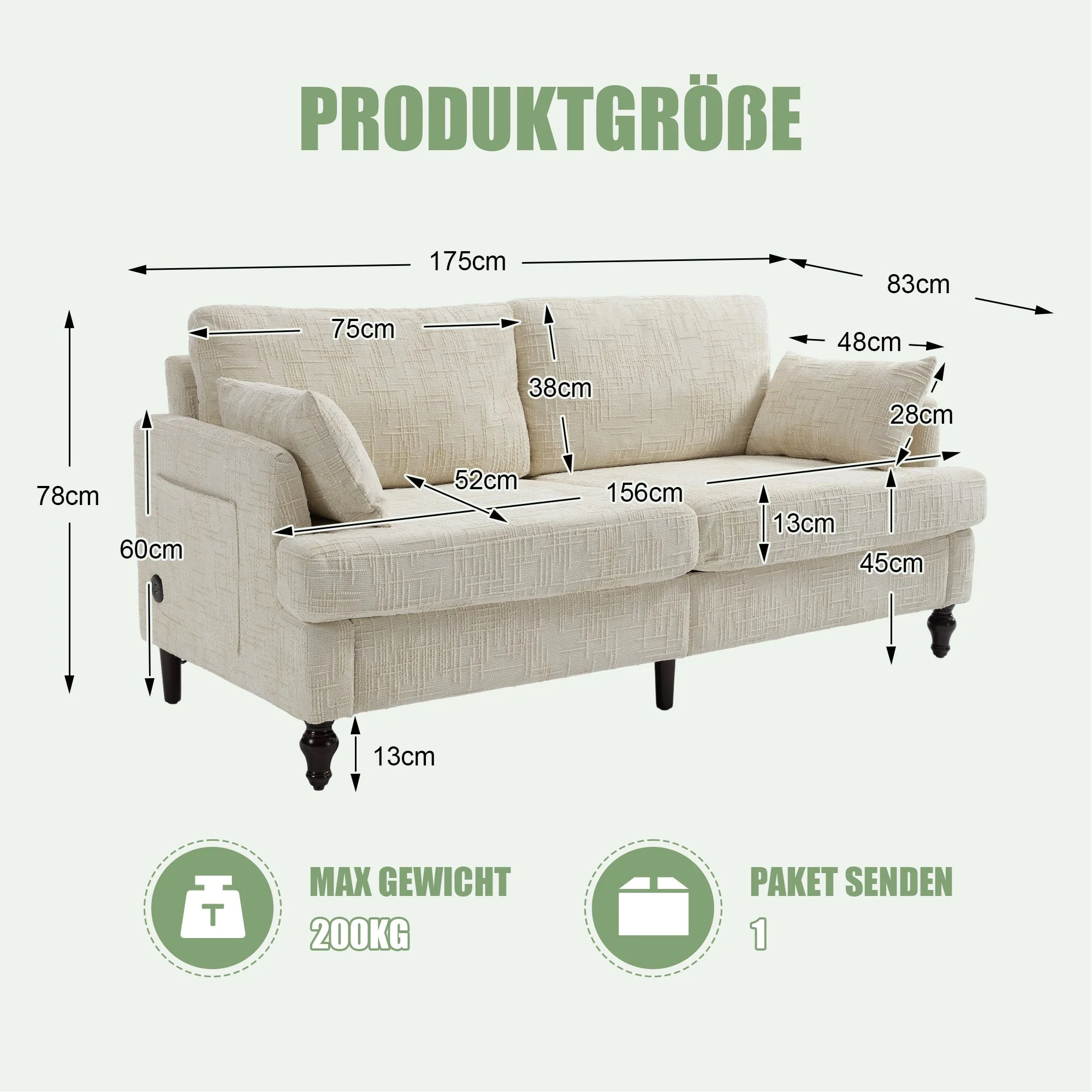 Sofa, 2-Seater with LED Light, USB & Storage, Chenille - Image 7