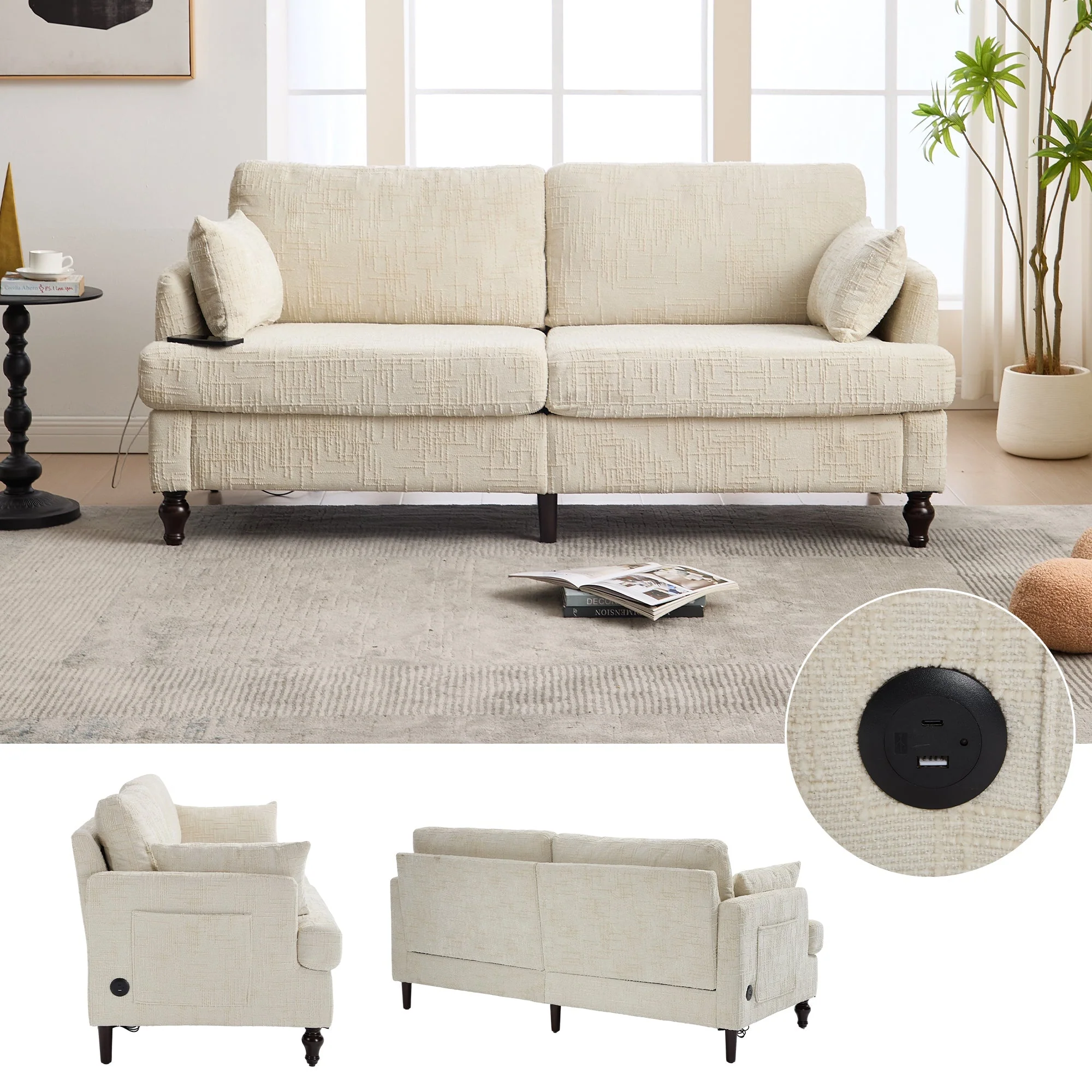 Sofa, 2-Seater with LED Light, USB & Storage, Chenille - Image 9